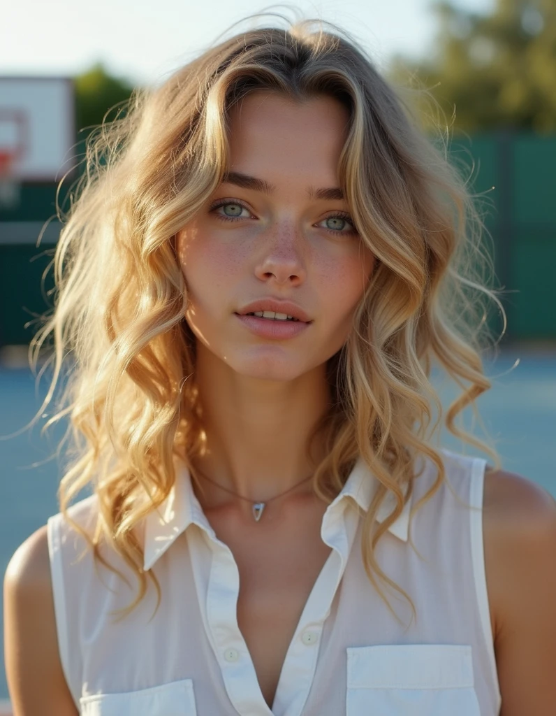 create blonde, with ruddy cheeks, yellow hair, blue eyes, in a beach house