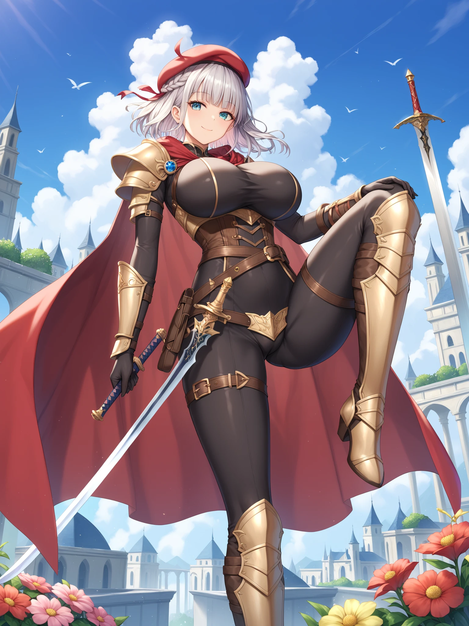 Meisterwerk), high resolution, (Extrem detailliert), fotorealistisch, 女の子1人, (((sehr langes, lockiges, kirschrotes Haar, seductive bright red eyes, largeeyes, Augen, niedliches Gesicht, kleines Gesicht, Scharfes Gesicht, gorgeous eyes, Blutjung, big legs, dicke Beine:1.7, wahnsinnig schmale Taille:1.3, medium boobs:1.3, flush, (Extrem sexy, sexy, sexy, sexy, sexy, sexy)))), ((Glatte Haut, Weiche Haut, Pralle Haut, Knight's Armor, steel leotard, leotard, bare legs, belt, fully armored, helmet, metal knight, chosen hero, holy sword, exploring dungeon, corset))
