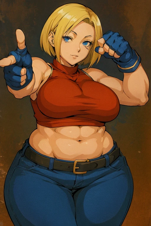 um close de uma pessoa com uma blusa vermelha e shorts azuis, Personagem de King of Fighters, Android 18, personagem de jogo de luta, como personagem em tekken, Estilo Rei dos Lutadores, Pose de lutador, Pose de luta, pose, menina saiyajin, de virtua figther, Pose de luta, sfw version, Natalie de Epic Battle Fantasy, Postura agressiva