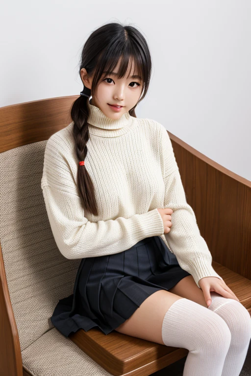 (masterpiece:1.2), super high quality, ((japanese girl)), (Super realistic), (Super Photo Style), 1 girl, sexy 18 year old girl, ((slender body)), outdoor, skirt, sweater, winter days, (Pitch black tights), sitting,