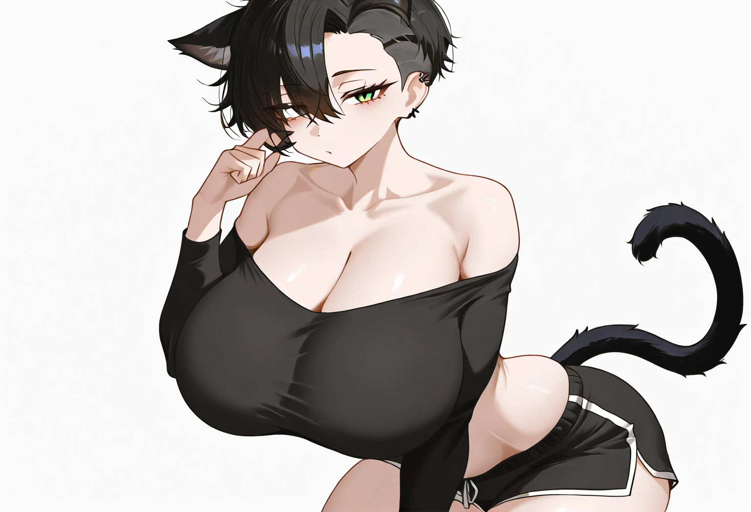 ultra-detailed,(best quality),((masterpiece)),(highres),original,extremely,<lora:tingyunx 2_xl:1>,tingyun,1girl,breasts,solo,animal ears,green eyes,detached collar,bow,tail,leotard,bowtie,fox ears,covered navel,cleavage,large breasts,black bowtie,black leotard,simple background,looking at viewer,bare shoulders,fox tail,black bow,fox girl,strapless,strapless leotard,collarbone,white background,hair between eyes,ponytail,animal ear fluff,black hair,bare arms,cowboy shot,closed mouth,playboy bunny,nontraditional playboy bunny,long hair,blush,bangs,