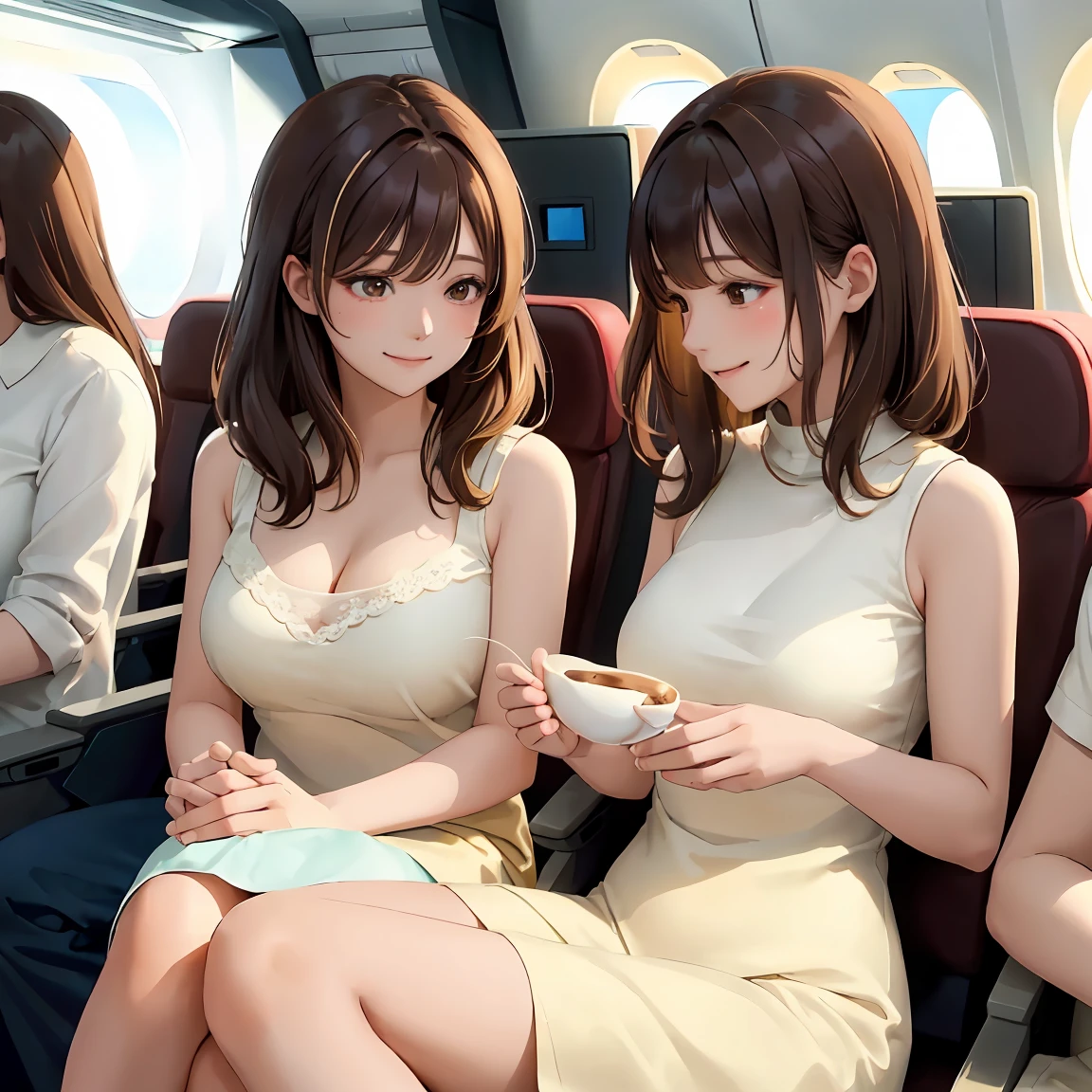 girl,Mercy,long brown hair,he tall,sexy,super big breast,(P cup),age 17,stewardress on the plane,full body, mercy stewardressoutfit,happy detailed face,in the plane,standing on the plane