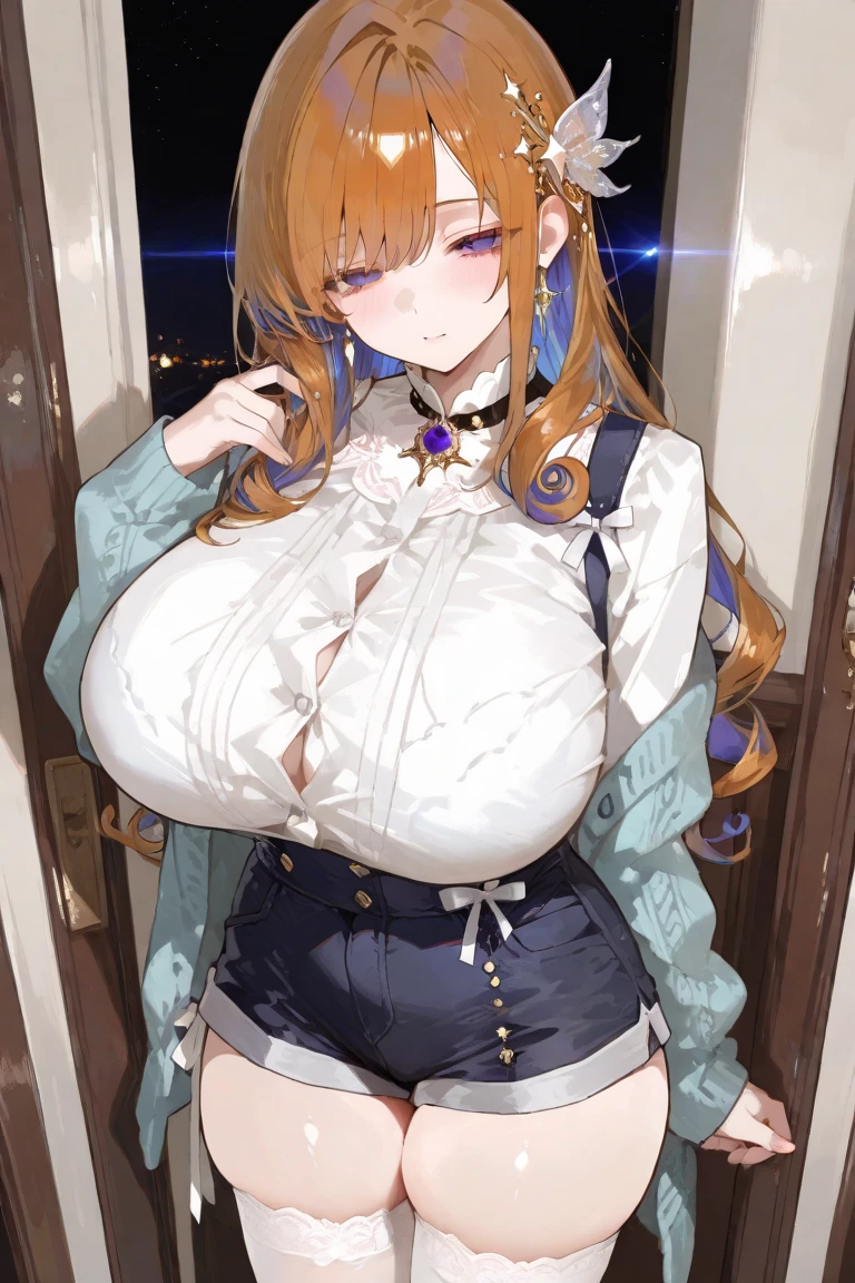 girl, White blouse, mini skirt, Black Pantyhose, white overcoat, Are standing, Glamorous clothing, Complex clothing,, A familiar face, Brown and gold tones, In a luxurious room, window, tall building, Day、Red Hair、I-cup breasts、Protruding chest、Protruding buttocks