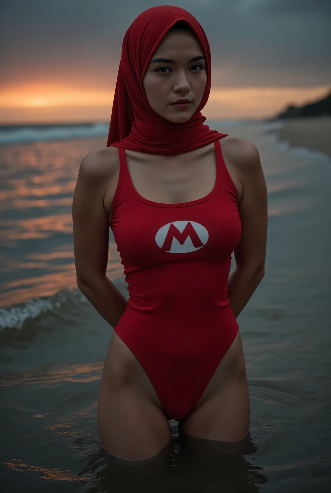 Front posing, Wearing Scarf neck tie, Front posing, SUPER SKINNY,  (Thighs and calves small muscles), (((MOODY FACE EXPRESSION))), "Wearing Hijab perfectly",  wearing Scoop Neck Sleeveless 'Super Mario games logo print' red Bodysuits singlet swimsuit, (KEDUA BELAH TANGAN DILETAK LETAKKAN DIBELAKANG PUNGGUNG) PLEASE DON'T PUT ANYTHING ROPE!!!, THIGHS OPEN WIDE, (Beauty Pussy)
   THIN SKINNY HIJAB INDO MALAY (Singlet ), 1 girl,  'MOODY FACE EXPRESSION', Half body portrait, (face details: 1), (Eye details: 1), ((Big breasts)). ultra high res. realistic: 1.4, UHD, (((dark background))),  Background Di tepi pantai senja , while riding Dalam air Laut