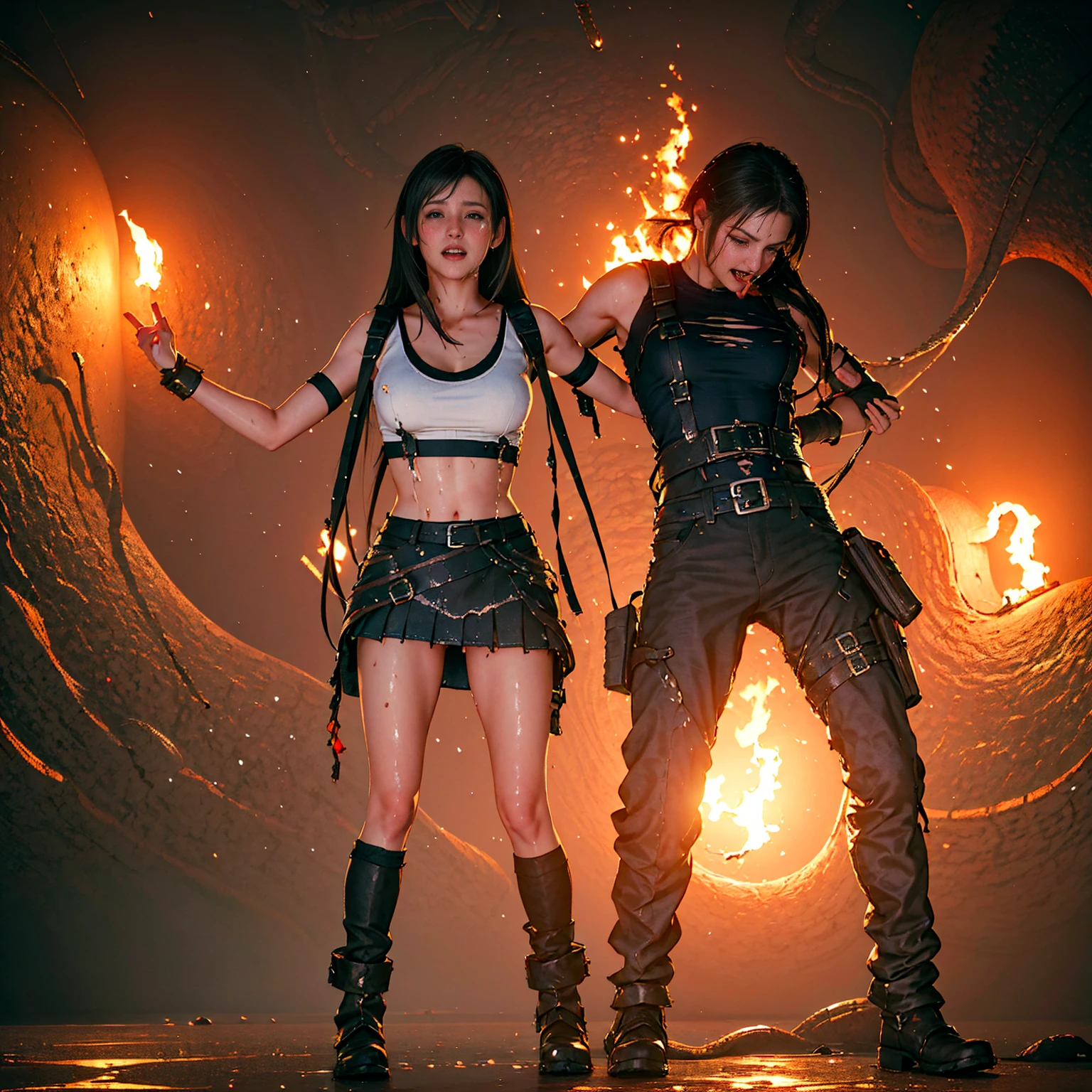 three people in costumes sit around a fire with guitars, inspired by Cedric Peyravernay, 8k highly detailed ❤️‍🔥 🔥 💀 🤖 🚀, psytrance, beautiful alluring female cyborg, juxtapoz aesthetic, surreal tea party, loba andrade from apex legends, music video, asuras --auto --s2