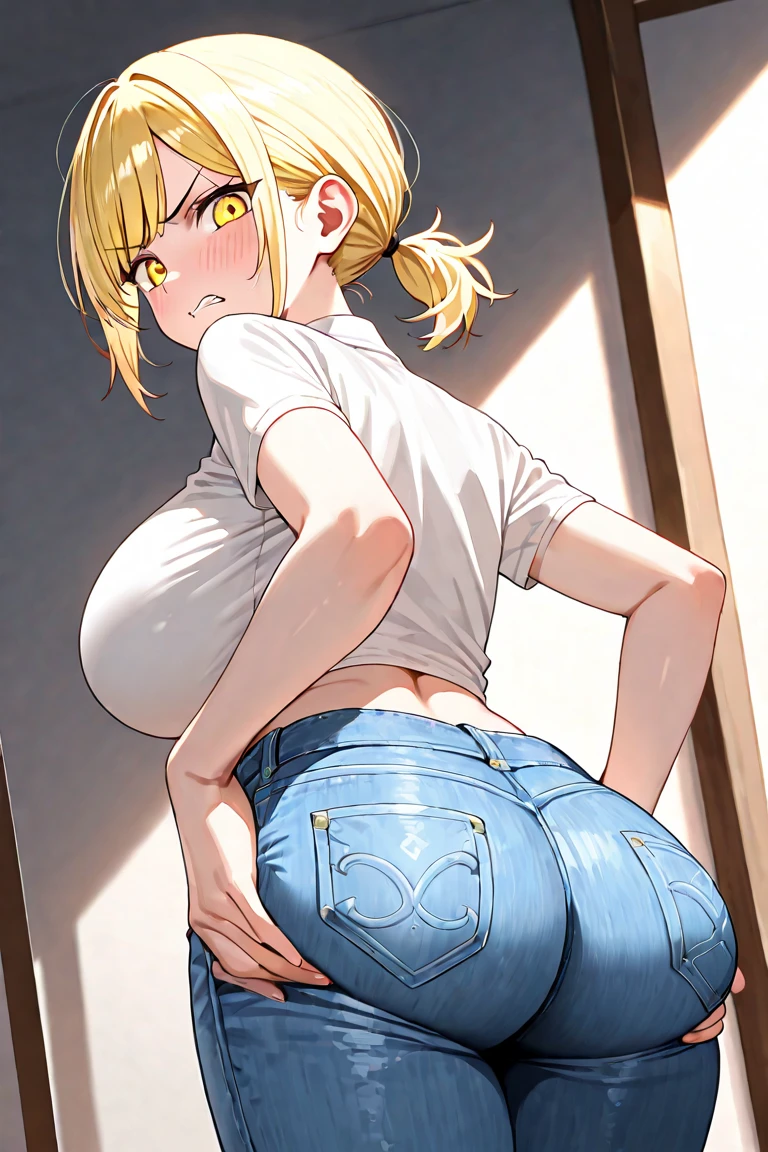 1girl, natural lighting, masterpiece, highly detailed, illustration, game CG, absurdres, high quality, aichan, large breasts, beautiful detailed eyes, detailed hair, glossy lips, blush, (school), white shirt, black pleated miniskirt, collarbone, short twintails, leaning forward, from behind, blonde hair, looking back at viewer