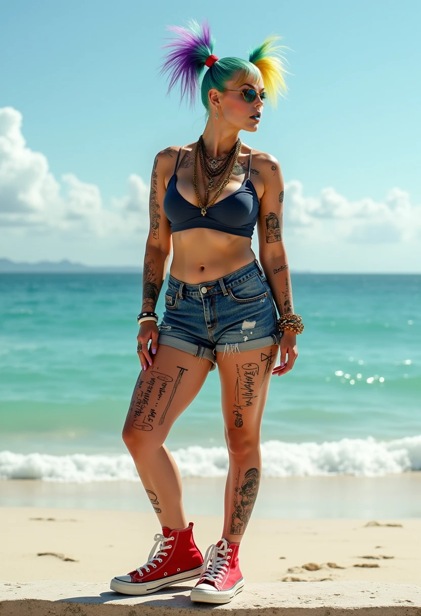 Masterpiece Top quality photo realistic 8k high definition perfect lighting the best photography full body 8k quality beautiful 30 year old woman perfect body perfect anatomy perfectly proportioned medium body semi-athletic medium body perfect face perfect big eyes blue skin color white semi pink cool tone long straight messy hair platinum hair color with pink highlights extremely tattooed ( tattooed arms) (tattooed legs) (tattooed body) Extremely sensual captivating woman wears glasses and jewelry wears tight mini shorts dotted top ((sandals with long heel straps)) walking on miami beach