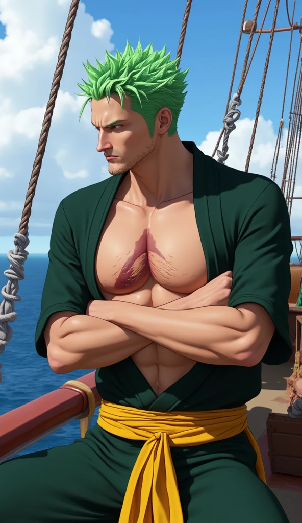 masterpiece, 3d, Roronoa Zoro, muscled, chilling at the beach, no shirt, pregnant, pig pregnant, belly, hands on back of head

