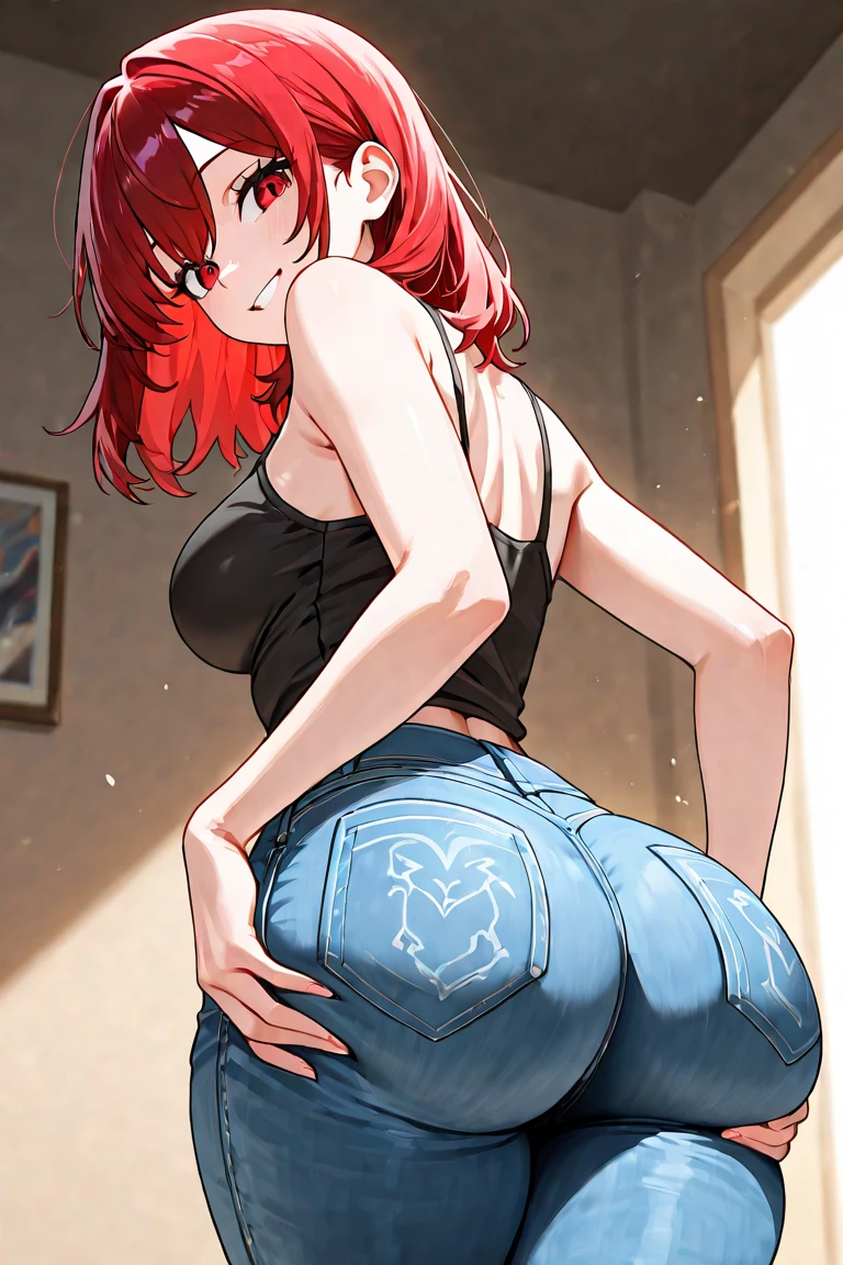1girl, looking into a mirror, both hands holding a large mirror, wearing big red hoody, wearing oversized hoody, red hoody, white shorts, (polka dots):1.2, polkadots bra, (short hair), [hair with ribbons], orange hair, red head, curvy body, large body, fatty hips, big hips, ((large bust, big breasts, cleavage):1.2), shocked expression, [sparkling eyes], wide eyes, (staring at her reflection), ((only one reflection, girl is (facing) her single reflection, reflection looking back at girl):1.3), looking down, looking at chest, admiring her reflection, admiring her chest, [simple background], red lips, red lipstick makeup