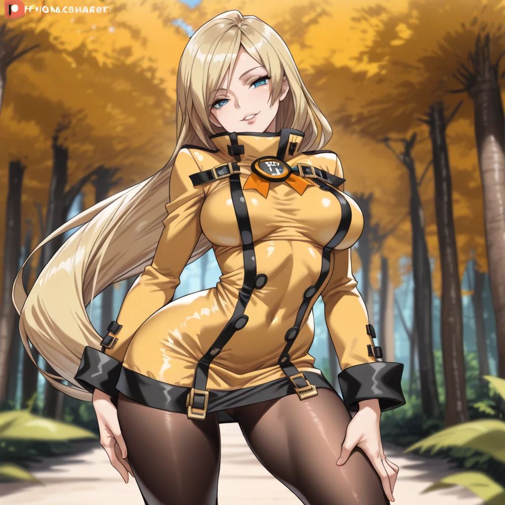 A woman wearing a black ranger uniform with gold details, ranger hat, blonde hair, long hair, blue eyes, smiling, black boots, big breasts, walking on a dirt road, orange trees, autumn weather, in a forest , daytime location, forest climate.. UHD , prime work , accurate , anatomically correct , textured skin , super details , high quality , best quality, 8k, high resolution, bokeh effect. (woman alone).standing posture.