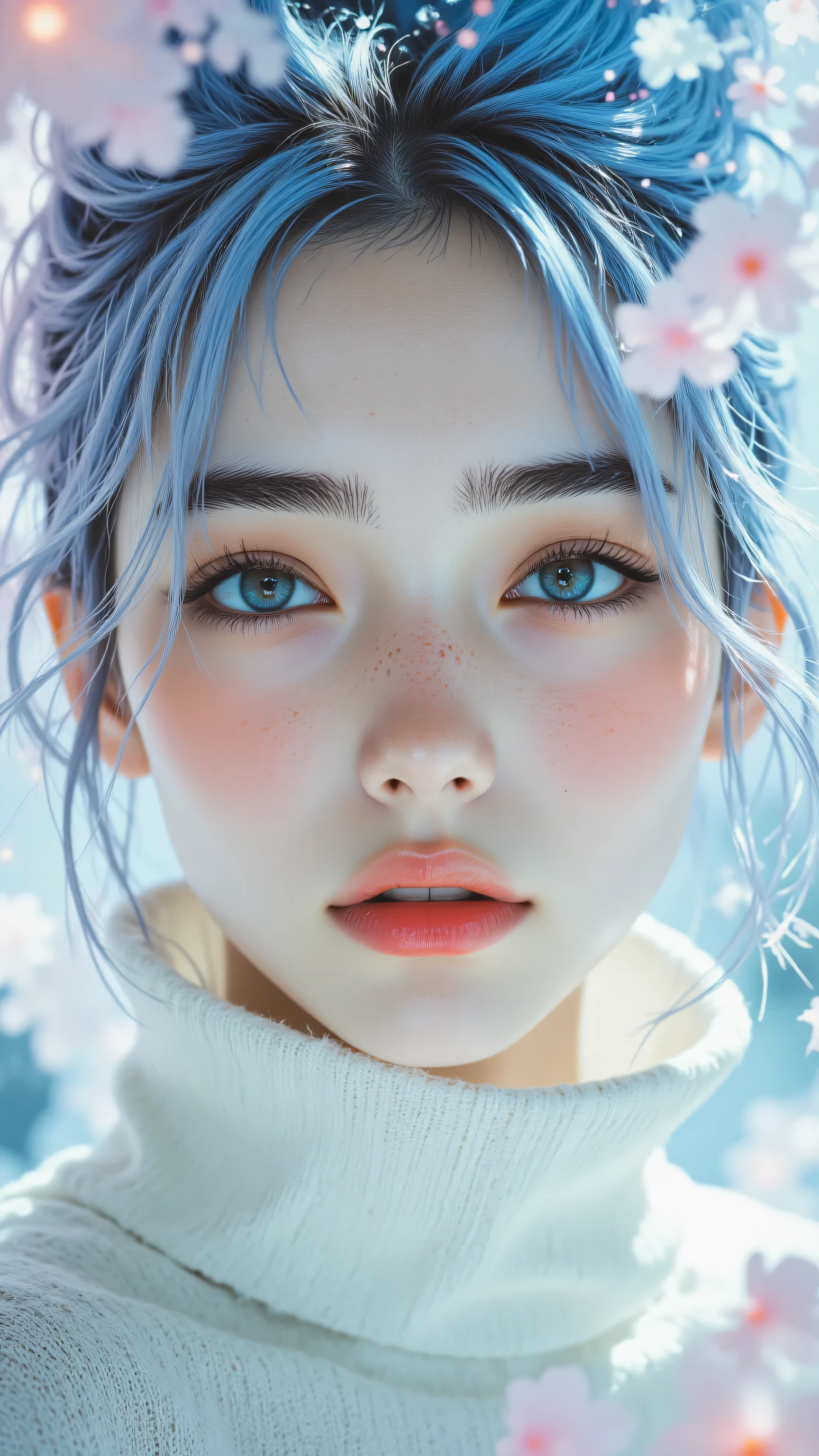 8k, Masterpiece, Top Quality, beautiful Korean woman, clear skin, ethereal pastel blue updo with glowing pink particles like mist, subtle cybernetic patterns on neck, wearing high collar of a pastel white coat, serene mysterious gaze through soft pastel fog or smoke, gentle pastel pink and blue light filtering through fog, blurred abstract background suggesting misty environment, close-up shot.