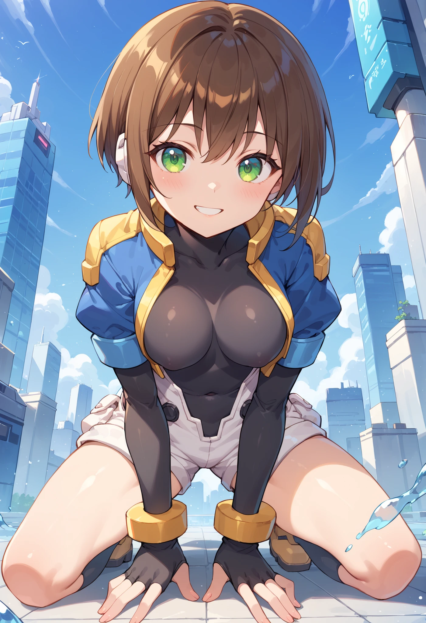 masterpiece, best quality, integrated scenery, integrated background, extremely delicate and beautiful, meticulous details, good composition, , cute face, perfect face, perfect hands, aile (\megamanzx\), ,BLAKE, 1teen_young_girl, solo, short hair, brown hair, short_sleeves_jacket,closed_front_jacket, bodysuit, robot ears, green eyes, short_shorts, short sleeves, short over long sleeves, smile, in futuristic city, high quality, (medium_breasts:0.5),crotch, slouch,raise_arm,kneeling,