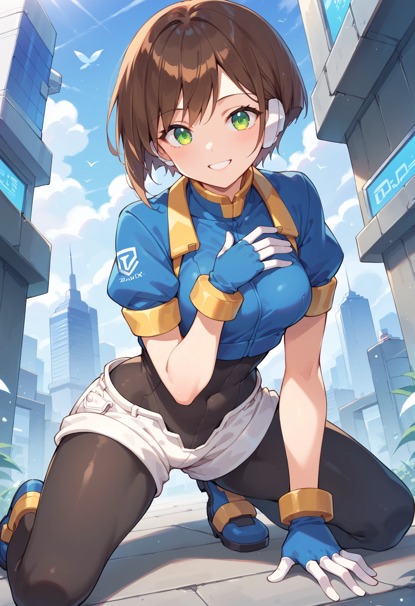 masterpiece, best quality, integrated scenery, integrated background, extremely delicate and beautiful, meticulous details, good composition, , cute face, perfect face, perfect hands, aile (\megamanzx\), ,BLAKE, 1teen_young_girl, solo, short hair, brown hair, short_sleeves_jacket,closed_front_jacket, bodysuit, robot ears, green eyes, short_shorts, short sleeves, short over long sleeves, smile, in futuristic city, high quality, (medium_breasts:0.5),crotch, slouch,raise_arm,kneeling,