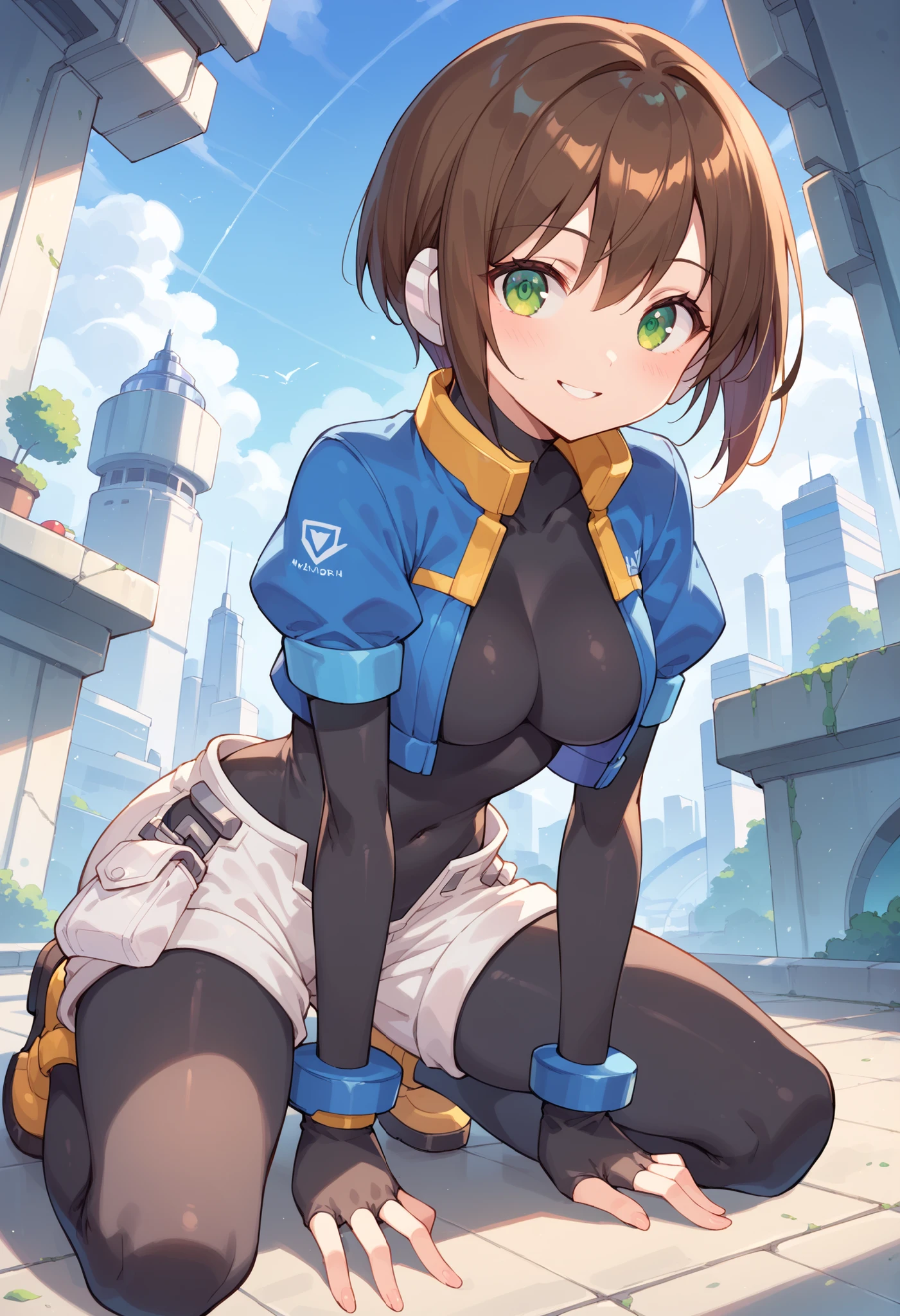 masterpiece, best quality, integrated scenery, integrated background, extremely delicate and beautiful, meticulous details, good composition, , cute face, perfect face, perfect hands, aile (\megamanzx\), ,BLAKE, 1teen_young_girl, solo, short hair, brown hair, short_sleeves_jacket,closed_front_jacket, bodysuit, robot ears, green eyes, short_shorts, short sleeves, short over long sleeves, smile, in futuristic city, high quality, (medium_breasts:0.5),crotch, slouch,raise_arm,kneeling,