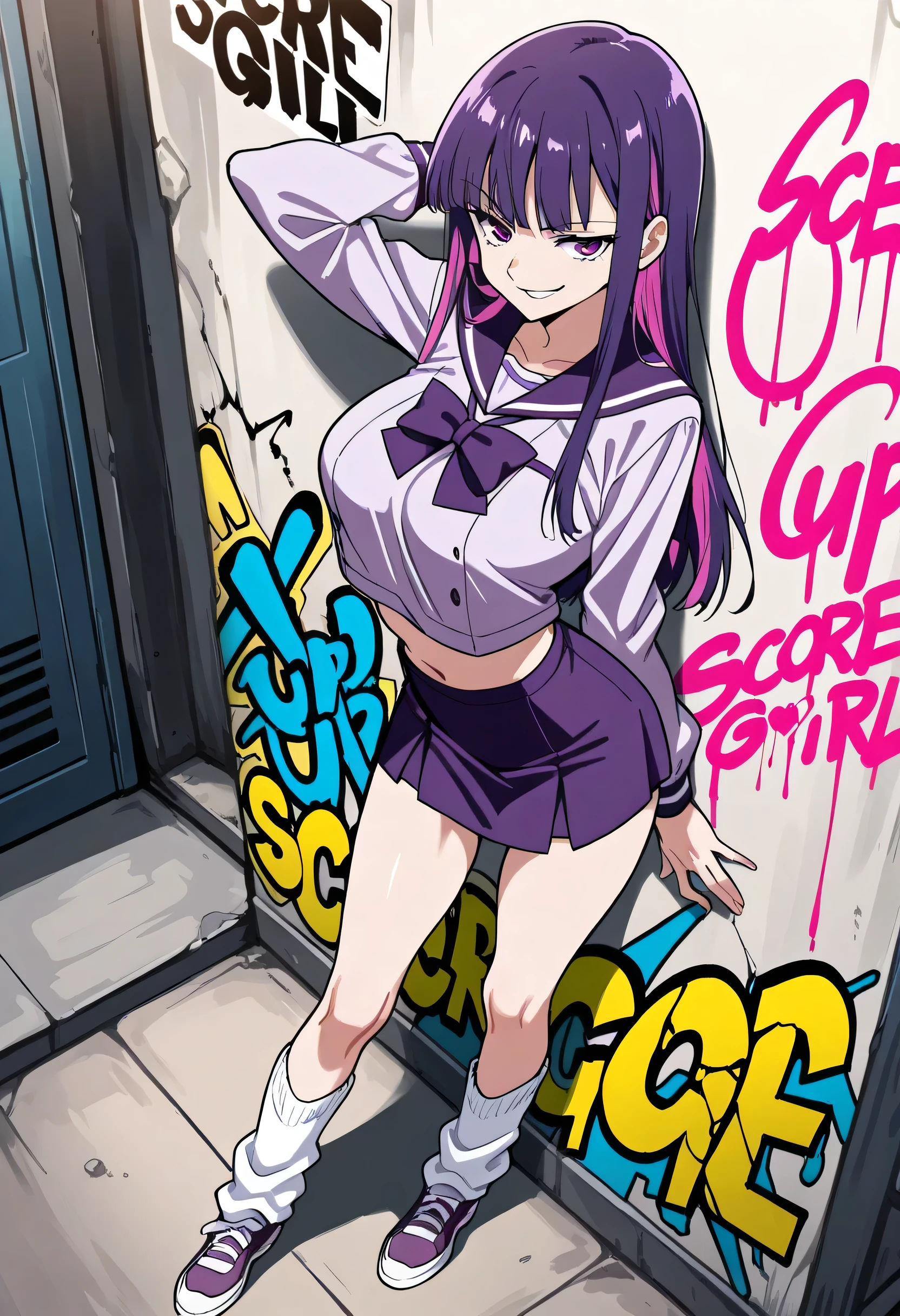 ((Girl fused with tentacles. Tentacles from the skirt)). School uniform. Black costume. A darK-haired. The long-haired. Cropped bangs. natta.two eyes sticking out of the head,,. Peek out from overhead creatures with large mouths. Invincible smile. Short skirt. natta. Back alley、Alley、Dark Girl、Plain girl、Introvert、