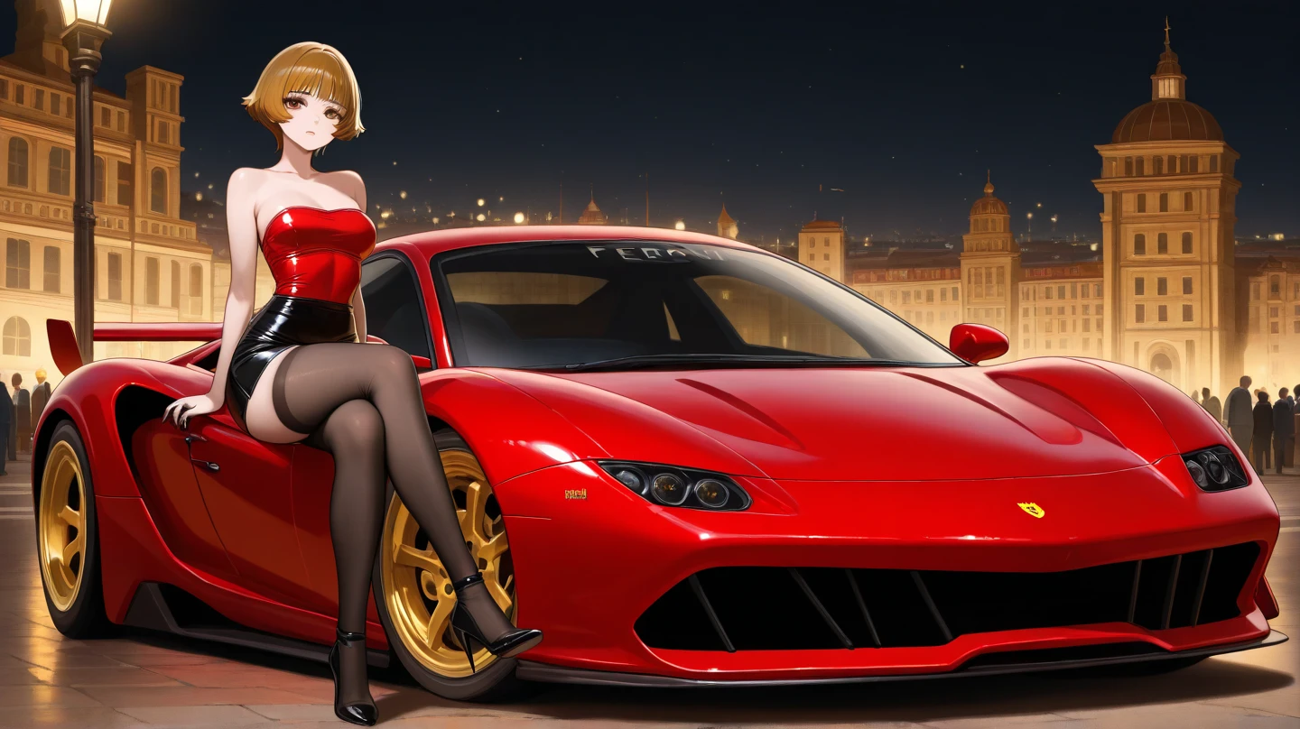 (best quality,4k,8k,highres,masterpiece:1.2),ultra-detailed,(realistic,photorealistic,photo-realistic:1.37),beautiful detailed eyes,beautiful detailed lips,extremely detailed eyes and face,long eyelashes,sexy anime girl,Atelier Miura style,woman sitting on the red Ferrari hood,inspired by Atelier Miura,decorative art beyond anime aesthetics,ecchi anime style,beautiful and seductive anime girl,artwork by Atelier Miura,new artistic style Ferrari car,provocative,inspiration from Atelier Miura