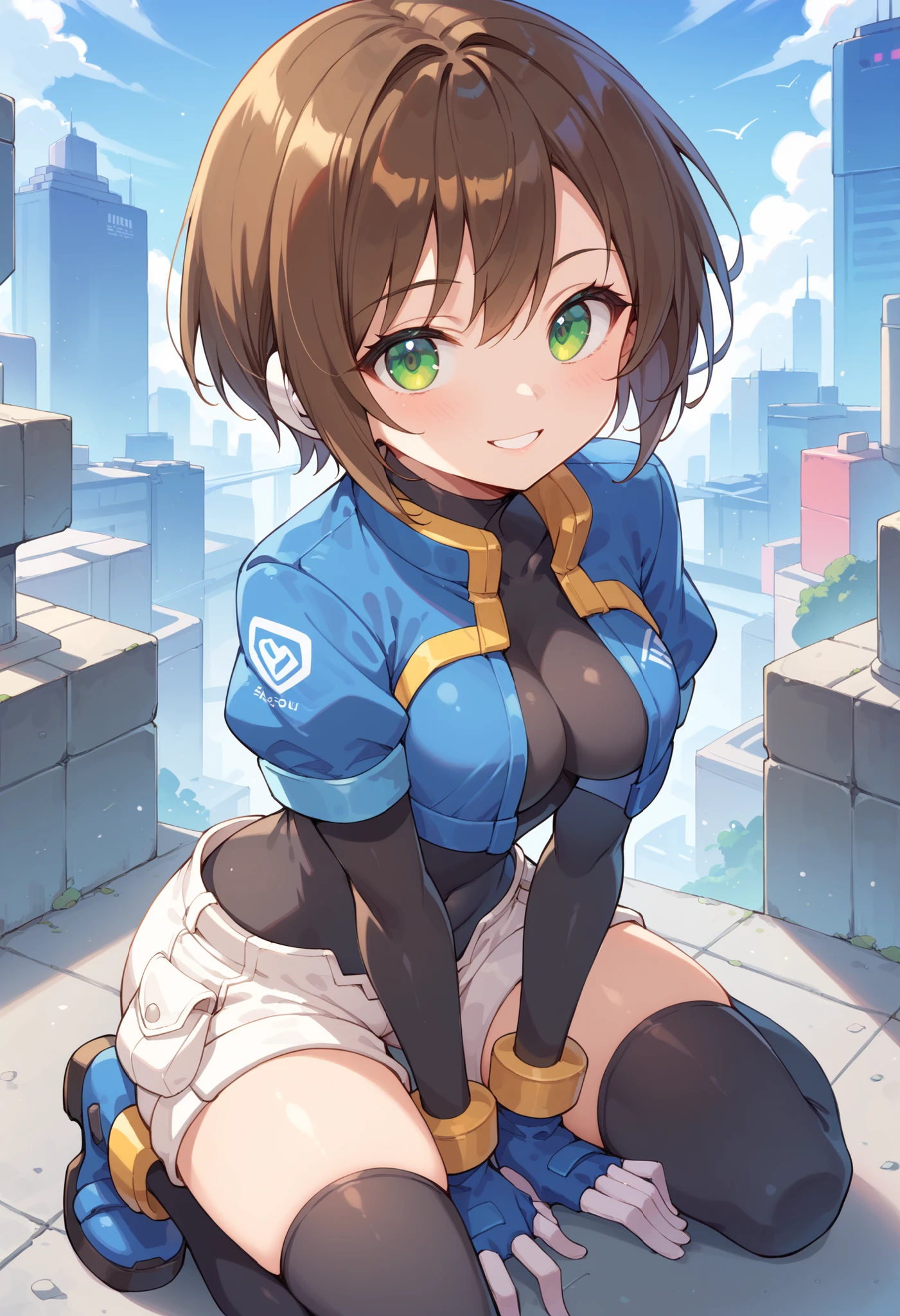 masterpiece, best quality, integrated scenery, integrated background, extremely delicate and beautiful, meticulous details, good composition, , cute face, perfect face, perfect hands, aile (\megamanzx\), ,BLAKE, 1teen_young_girl, solo, short hair, brown hair, short_sleeves_jacket,(closed_front_jacket:1.5), bodysuit, robot ears, green eyes, short_shorts, short sleeves, short over long sleeves, smile, in futuristic city, high quality, (medium_breasts:0.5),crotch, slouch,raise_arm,kneeling,