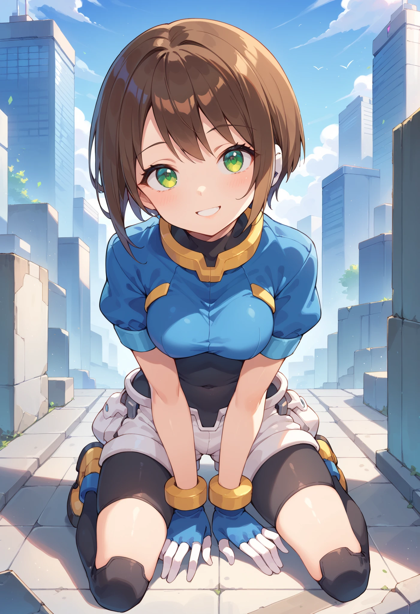 masterpiece, best quality, integrated scenery, integrated background, extremely delicate and beautiful, meticulous details, good composition, , cute face, perfect face, perfect hands, aile (\megamanzx\), ,BLAKE, 1teen_young_girl, solo, short hair, brown hair, short_sleeves_jacket,(closed_front_jacket:1.5), bodysuit, robot ears, green eyes, short_shorts, short sleeves, short over long sleeves, smile, in futuristic city, high quality, (medium_breasts:0.5),crotch, slouch,raise_arm,kneeling,