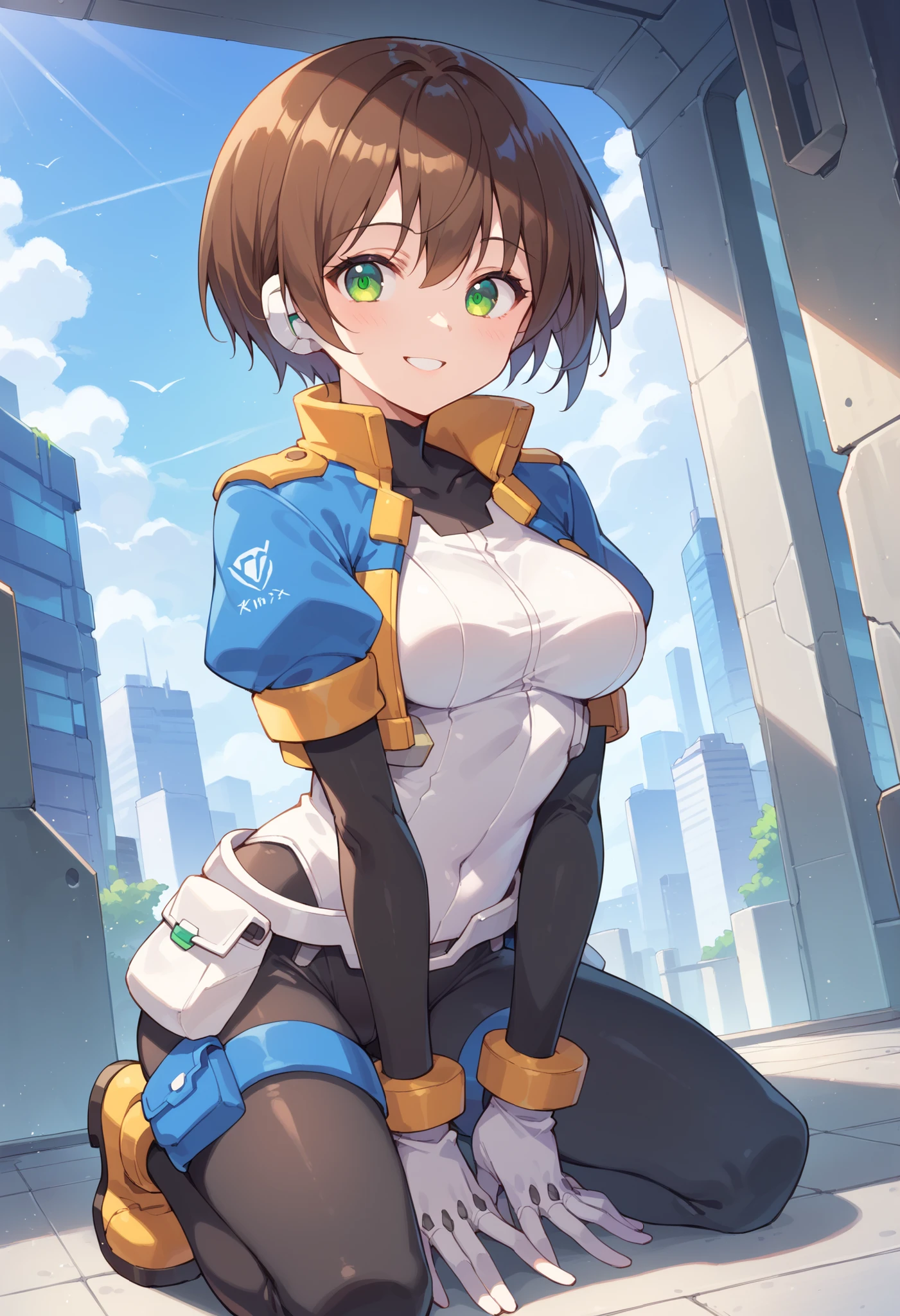 masterpiece, best quality, integrated scenery, integrated background, extremely delicate and beautiful, meticulous details, good composition, , cute face, perfect face, perfect hands, aile (\megamanzx\), ,BLAKE, 1teen_young_girl, solo, short hair, brown hair, short_sleeves_jacket,(closed_front_jacket:1.5), bodysuit, robot ears, green eyes, short_shorts, short sleeves, short over long sleeves, smile, in futuristic city, high quality, (medium_breasts:0.5),crotch, slouch,raise_arm,kneeling,