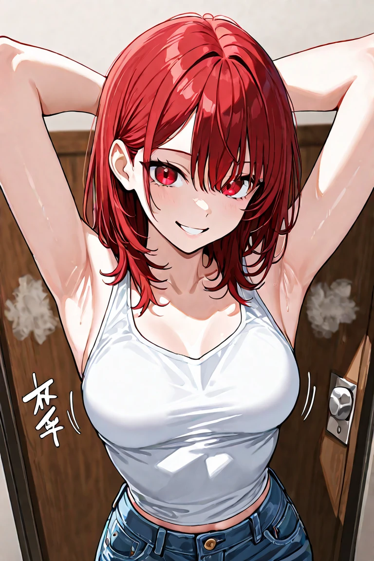 (Masterpiece:1.2, Best Quality), 1 woman, whole body, T-shirt, Casual, big breasts,by the wide vrojo, minimal makeup,pale,Natural fabrics, closeup face, evil smile, bright red eyes circular pupils,8K high resolution, detailed lines, ((whole body)) female mature body 