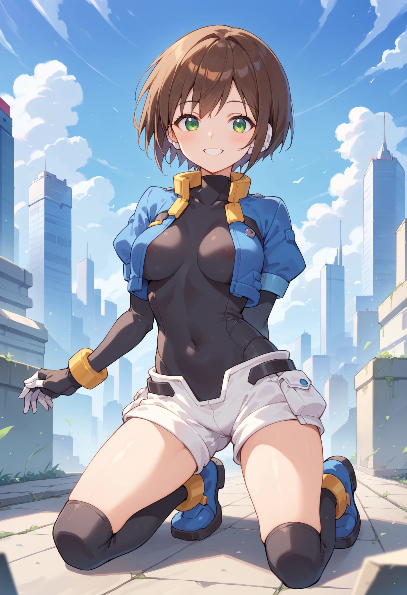 masterpiece, best quality, integrated scenery, integrated background, extremely delicate and beautiful, meticulous details, good composition, , cute face, perfect face, perfect hands, aile (\megamanzx\), ,BLAKE, 1teen_young_girl, solo, short hair, brown hair, short_sleeves_jacket,(closed_front_jacket:1.5), bodysuit, robot ears, green eyes, short_shorts, short sleeves, short over long sleeves, smile, in futuristic city, high quality, (medium_breasts:0.5),crotch, slouch,raise_arm,kneeling,