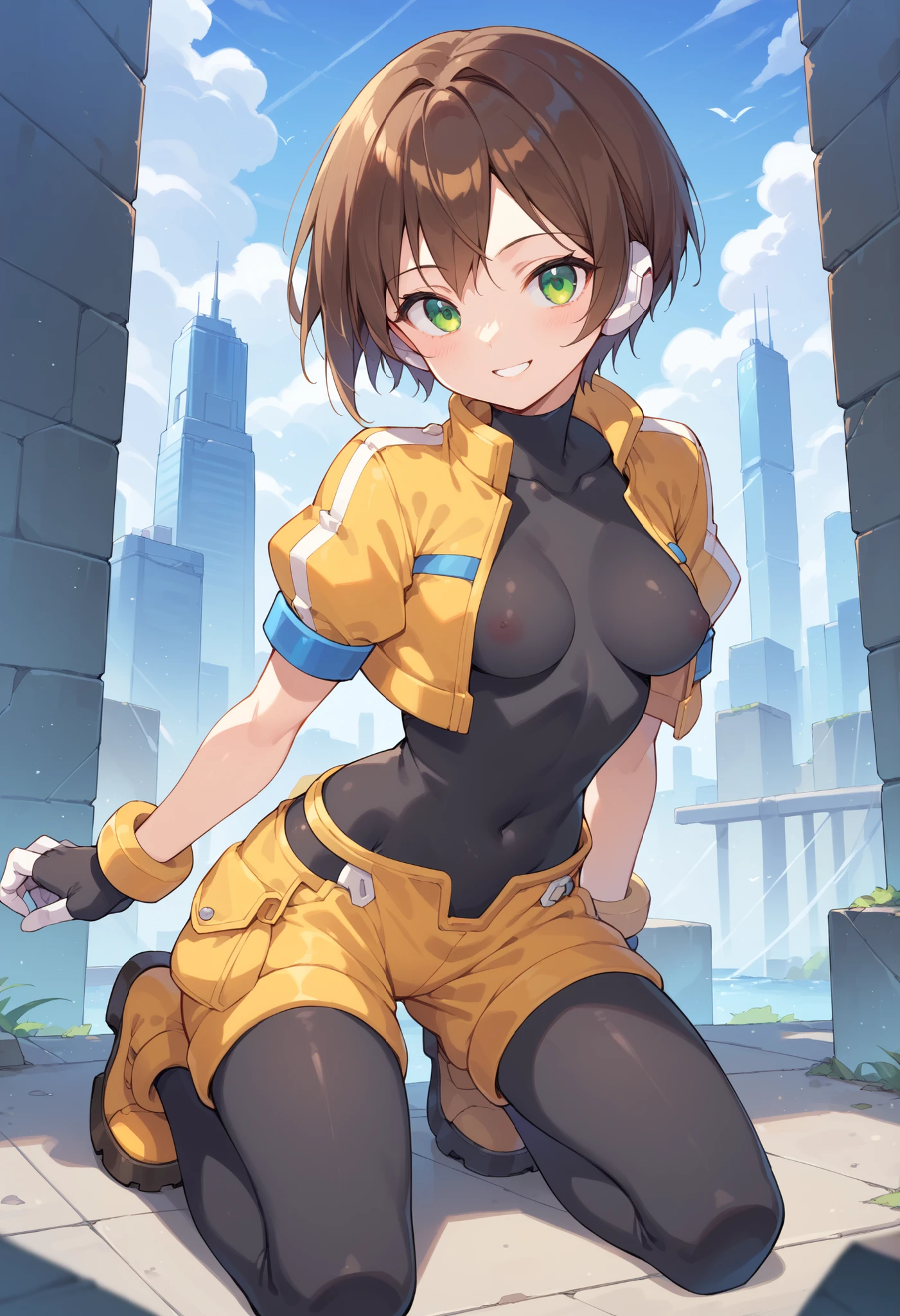 masterpiece, best quality, integrated scenery, integrated background, extremely delicate and beautiful, meticulous details, good composition, , cute face, perfect face, perfect hands, aile (\megamanzx\), ,BLAKE, 1teen_young_girl, solo, short hair, brown hair, short_sleeves_jacket,(closed_jacket_front:1.5), bodysuit, robot ears, green eyes, short_shorts, short sleeves, short over long sleeves, smile, in futuristic city, high quality, (medium_breasts:0.5),crotch, slouch,raise_arm,kneeling,