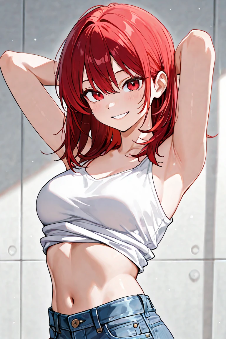 30 year old woman with brown hair with bob hair wearing tank top、Arms crossed behind the head、small tits、Brown-eyed、Freckles on the face、bangss、realisitic、Round face、Show your teeth and smile、be shy、Armpits are wet with white liquid、Yogurt in the armpit、The upper part of the body、Beautiful woman、Yogurt is poured into the armpits and gets dirty、Ruined restroom