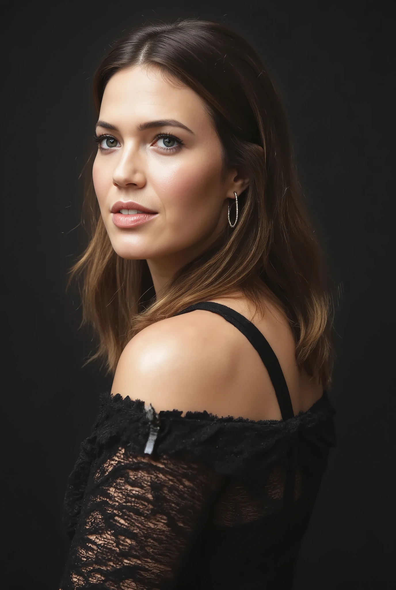 (masterpiece, best quality:1.2), 1girl, solo Mandy Moore in tight leather lingerie, lit in dim moody lighting