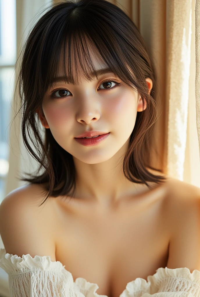 muste piece, highest quality, one girl, (beautiful girl:1.3), (12 years old:1.2), very fine definition, (symmetrical eyes:1.3), NSFW, (put out naked:1.3), beautiful breasts, brown eyes, Very short hair, brown hair, upper teeth,(bedroom at night:1.2),(dark illumination:1.2),laughter,profile,small,sleeping in bed,Angle seen from above,full body,