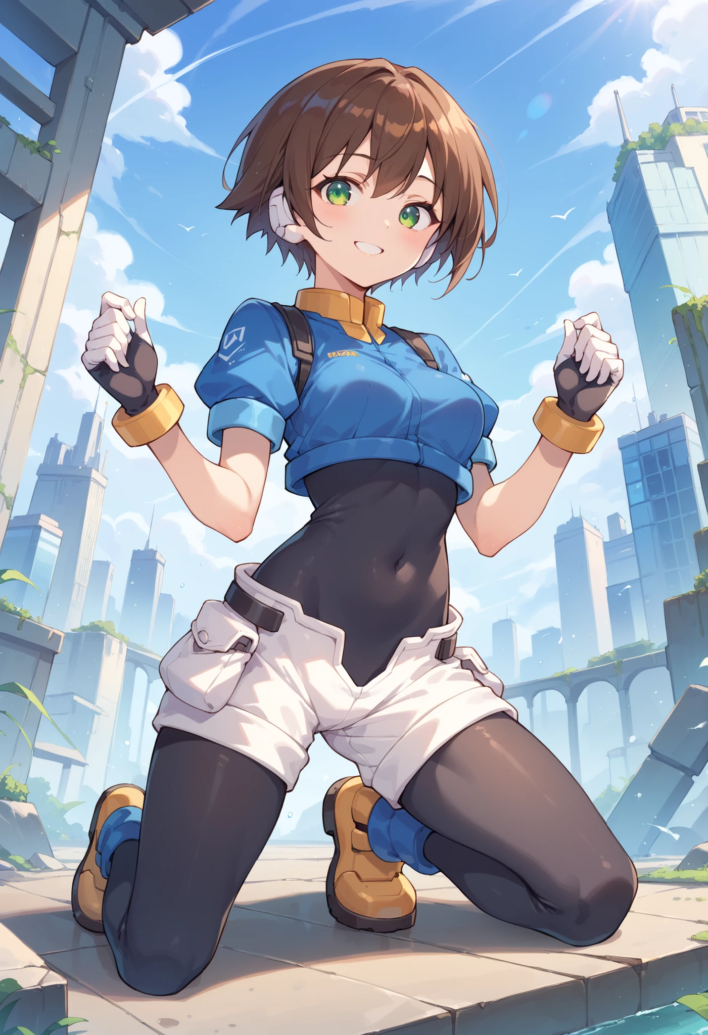 masterpiece, best quality, integrated scenery, integrated background, extremely delicate and beautiful, meticulous details, good composition, , cute face, perfect face, perfect hands, aile (\megamanzx\), ,BLAKE, 1teen_young_girl, solo, short hair, brown hair, short_sleeves_blue_shirts,bodysuit, robot ears, green eyes, short_shorts, short sleeves, short over long sleeves, smile, in futuristic city, high quality, medium_breasts,crotch, slouch,raise_arm,kneeling,