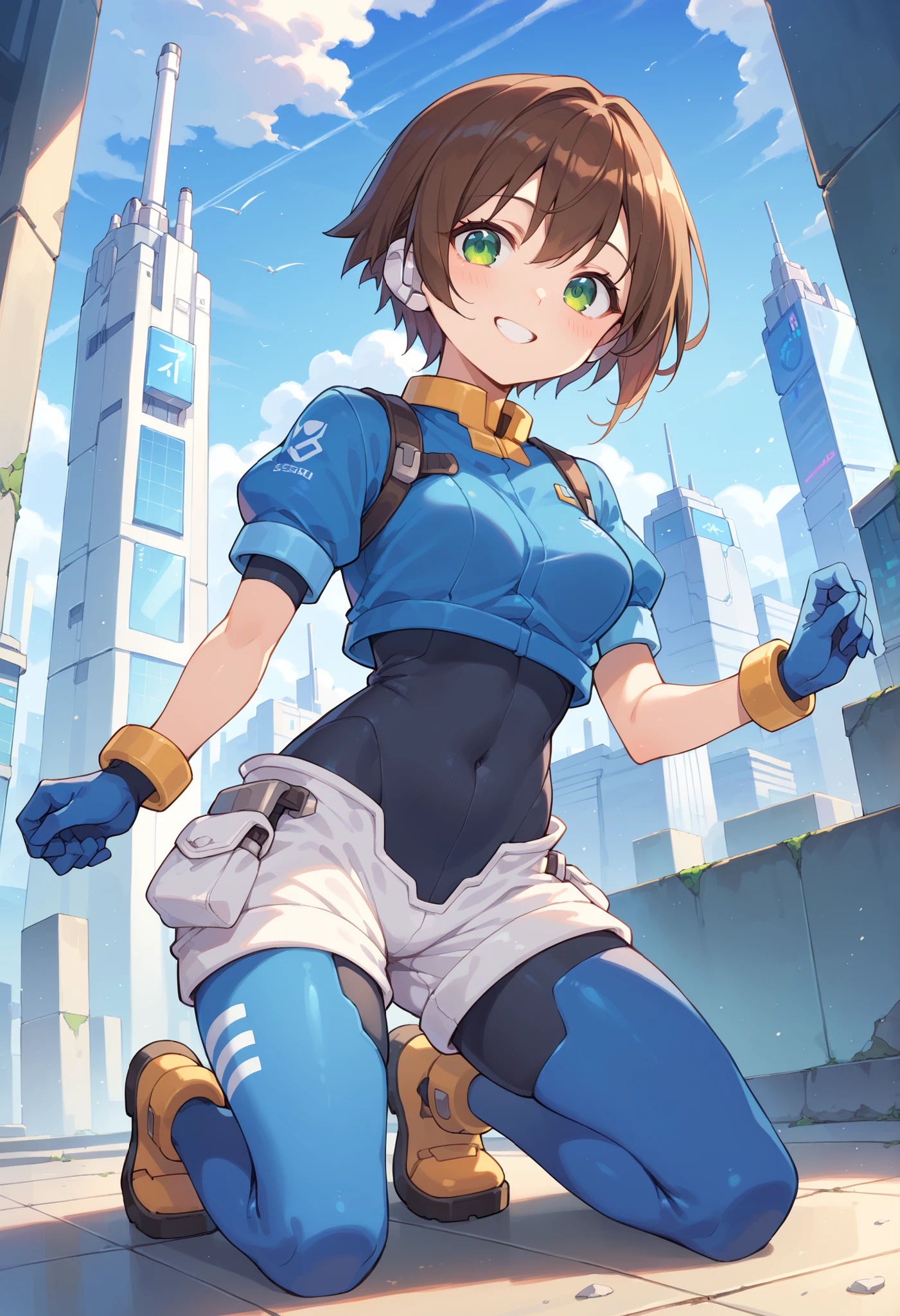 masterpiece, best quality, integrated scenery, integrated background, extremely delicate and beautiful, meticulous details, good composition, , cute face, perfect face, perfect hands, aile (\megamanzx\), ,BLAKE, 1teen_young_girl, solo, short hair, brown hair, short_sleeves_blue_shirts,bodysuit, robot ears, green eyes, short_shorts, short sleeves, short over long sleeves, smile, in futuristic city, high quality, medium_breasts,crotch, slouch,raise_arm,kneeling,