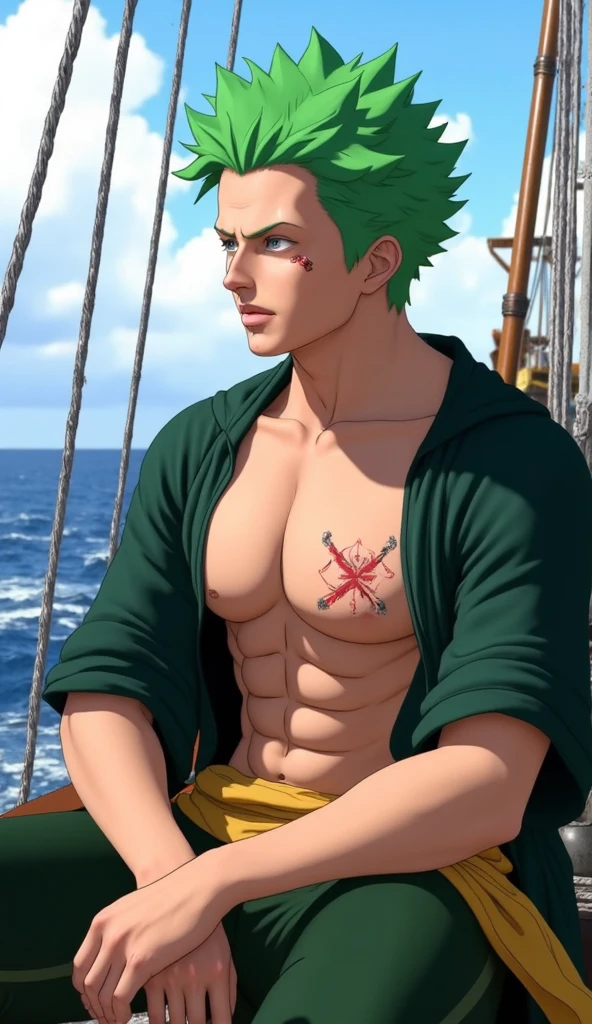 Zoro oil sweaty musky cock mask clouds flexing muscles cock ship water naked cum blush cock showing below abs