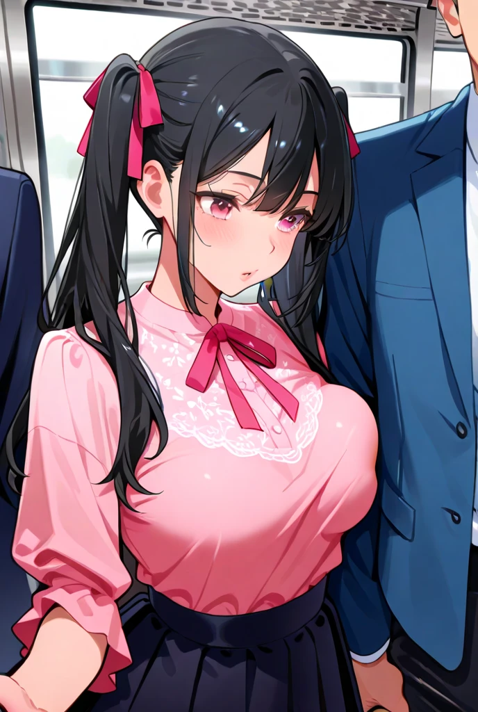 (dark madder red blouse,sleeveless,arms-baring:1.3),(look up at viewer:1.2),(black and long flare skirt),thick arms,pov,close up,mature face,(from above),frontshot,single mole on cheek,black hair,sweaty,voluminous hair,unkempt hair,plump tall woman,aroused,(crowded train),(aroused and  blushed:1.5),27 years old,(fair skin:1.3),(cute eyes,tareme),plump oval face,light makeup,standing in train,leaning on train door,skirt lifted,