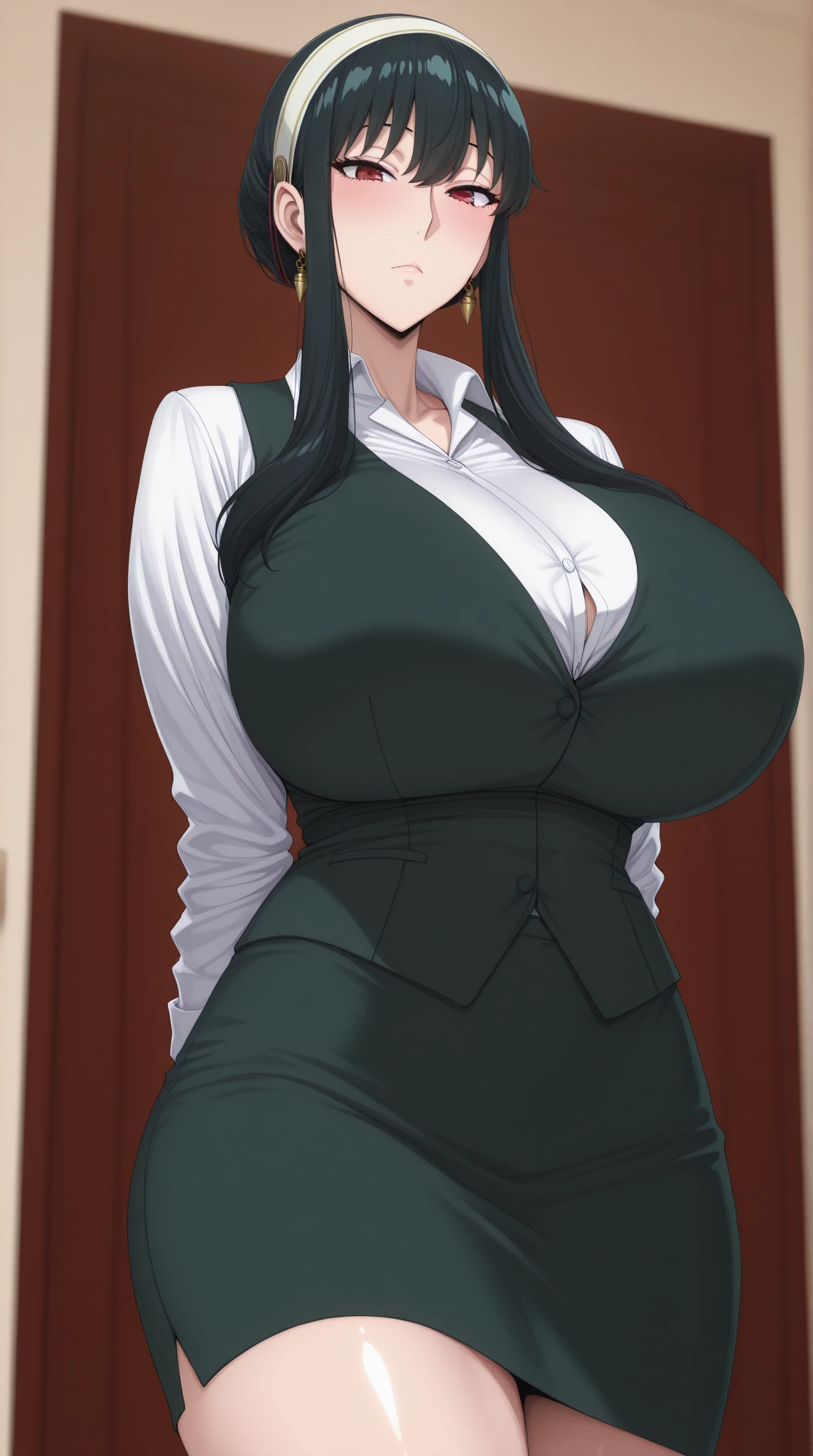 1girl, huge breasts,indoors,hand on hip, office lady dress, team leader dress,solo,solo focus, masterpiece, best quality,mature female with glasses, long black hair, nsfw, blushing, smiling, side view
