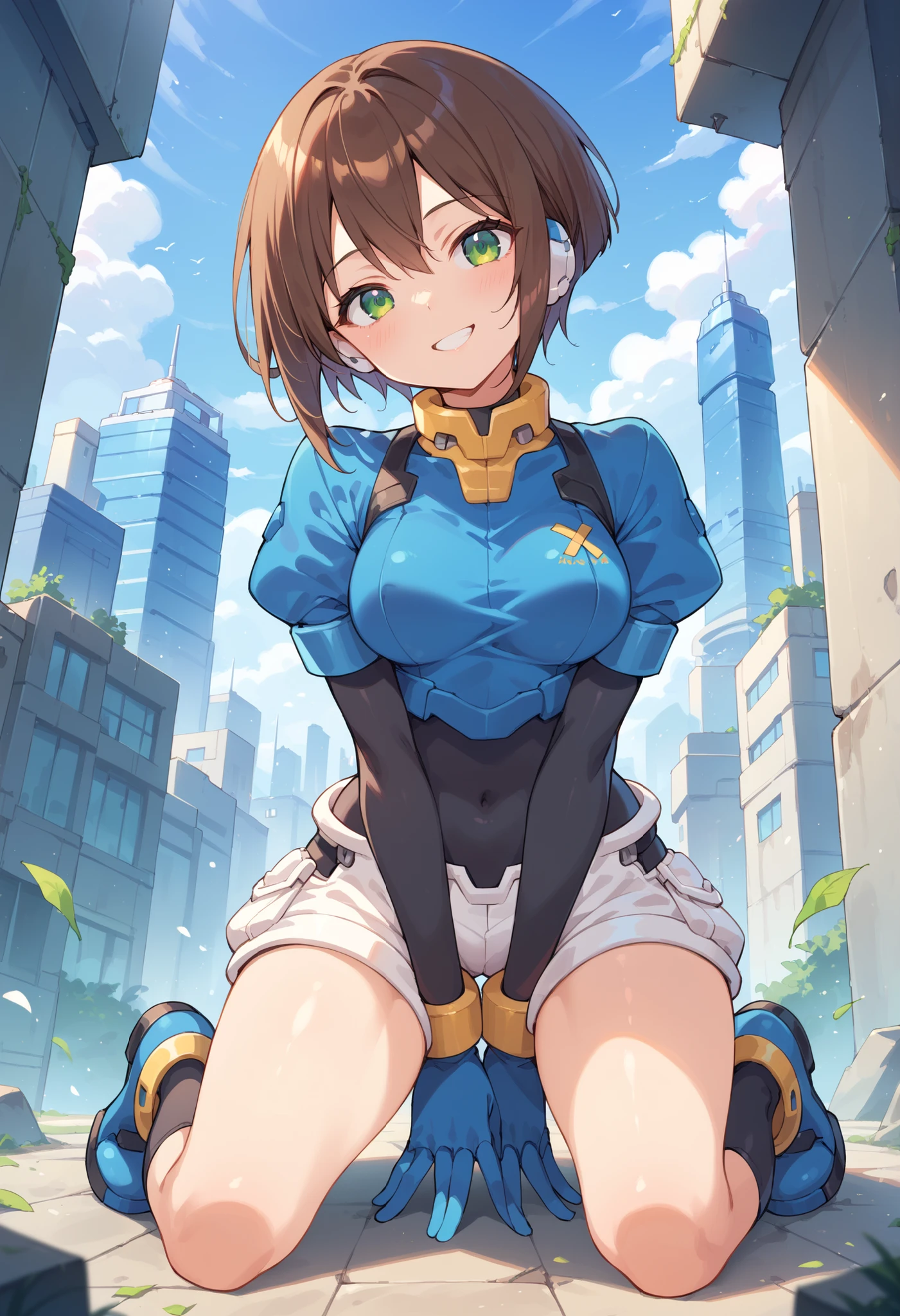 masterpiece, best quality, integrated scenery, integrated background, extremely delicate and beautiful, meticulous details, good composition, , cute face, perfect face, perfect hands, aile (\megamanzx\), ,BLAKE, 1teen_young_girl, solo, short hair, brown hair, short_sleeves_blue_shirts,bodysuit, robot ears, green eyes, short_shorts, short sleeves, short over long sleeves, smile, in futuristic city, high quality, medium_breasts,crotch, slouch,raise_arm,kneeling,