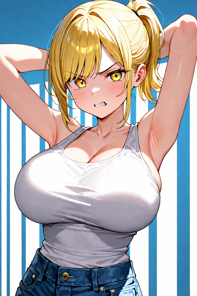 2A Japanese girl with blonde twintails、Female Combatant、Close-up of a girl wearing a red tank top、Purple Skirt、White panties、Black fishnet stockings、Black shiny boots、Saiyan Girl, wonderful, Nano Girl, Female body type, Inspired by Hiromu Arakawa, Anime Manga Robot!! Anime Girls, Fubuki, Full Body Suit, by Hiromu Arakawa、wonderful, silk, Beautiful and attractive anime teen, Anime Girls of the future, tears,Drooling,Pee,Sweat,Tongue out,incontinence,Peeing、Estrus、Eyes wide open,Estrus,Blushing,Nipples are erect,Face is hot、Lust、incontinence、Armpit Hair、pubic hair、Nipples are erect、Red lips、Red tongue、Sticking out tongue、Her skirt is flipped up、Panty shot、White panties!、Sweatまみれ、wet、パンティからpubic hair!、腋からArmpit Hair!One sword and two cuts、Doomsday Demon、Anguished expression、Boobs pop out