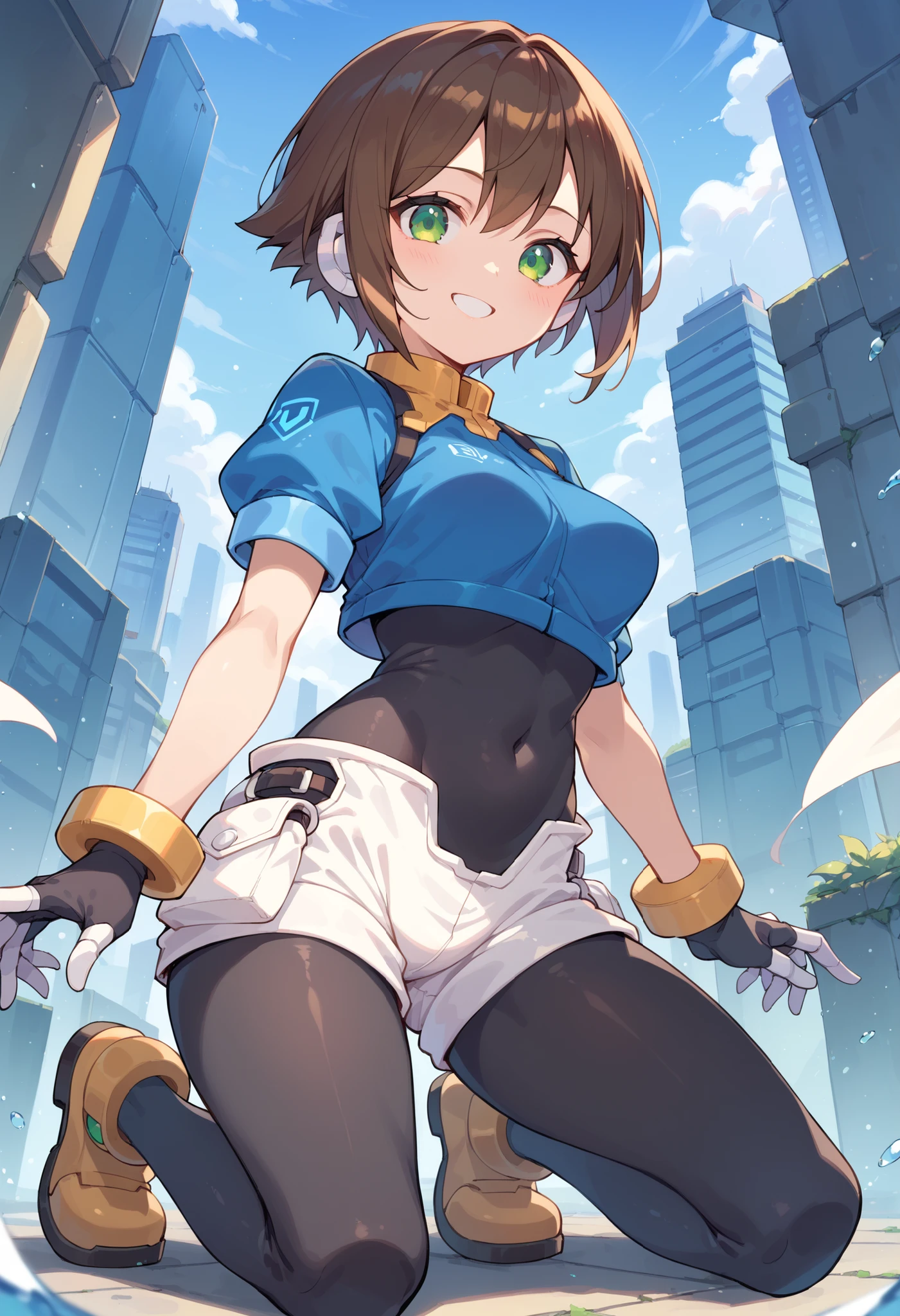 masterpiece, best quality, integrated scenery, integrated background, extremely delicate and beautiful, meticulous details, good composition, , cute face, perfect face, perfect hands, aile (\megamanzx\), ,BLAKE, 1teen_young_girl, solo, short hair, brown hair, short_sleeves_blue_shirts,bodysuit, robot ears, green eyes, short_shorts, short sleeves, short over long sleeves, smile, in futuristic city, high quality, medium_breasts,crotch, slouch,raise_arm,kneeling,
