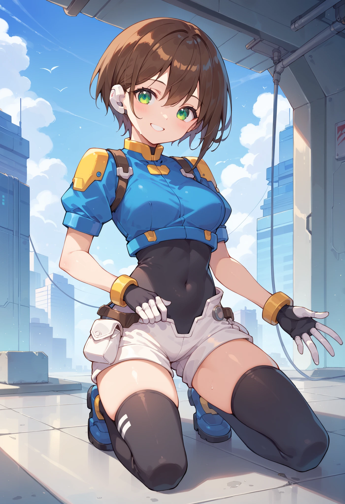 masterpiece, best quality, integrated scenery, integrated background, extremely delicate and beautiful, meticulous details, good composition, , cute face, perfect face, perfect hands, aile (\megamanzx\), ,BLAKE, 1teen_young_girl, solo, short hair, brown hair, short_sleeves_blue_shirts,bodysuit, robot ears, green eyes, short_shorts, short sleeves, short over long sleeves, smile, in futuristic city, high quality, medium_breasts,crotch, slouch,raise_arm,kneeling,