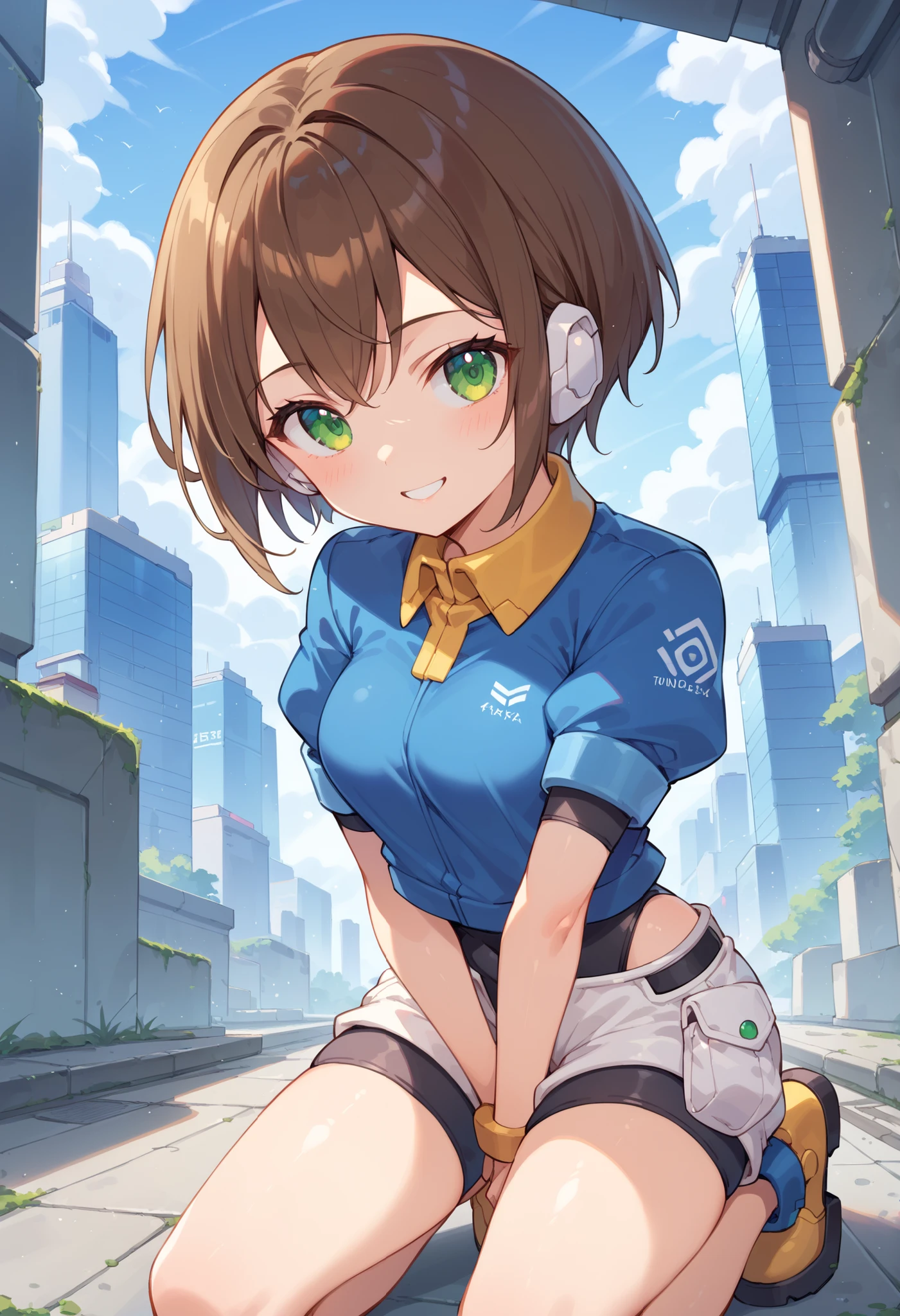 masterpiece, best quality, integrated scenery, integrated background, extremely delicate and beautiful, meticulous details, good composition, , cute face, perfect face, perfect hands, aile (\megamanzx\), ,BLAKE, 1teen_young_girl, solo, short hair, brown hair, short_sleeves_blue_shirts,bodysuit, robot ears, green eyes, short_shorts, short sleeves, short over long sleeves, smile, in futuristic city, high quality, medium_breasts,crotch, slouch,raise_arm,kneeling,