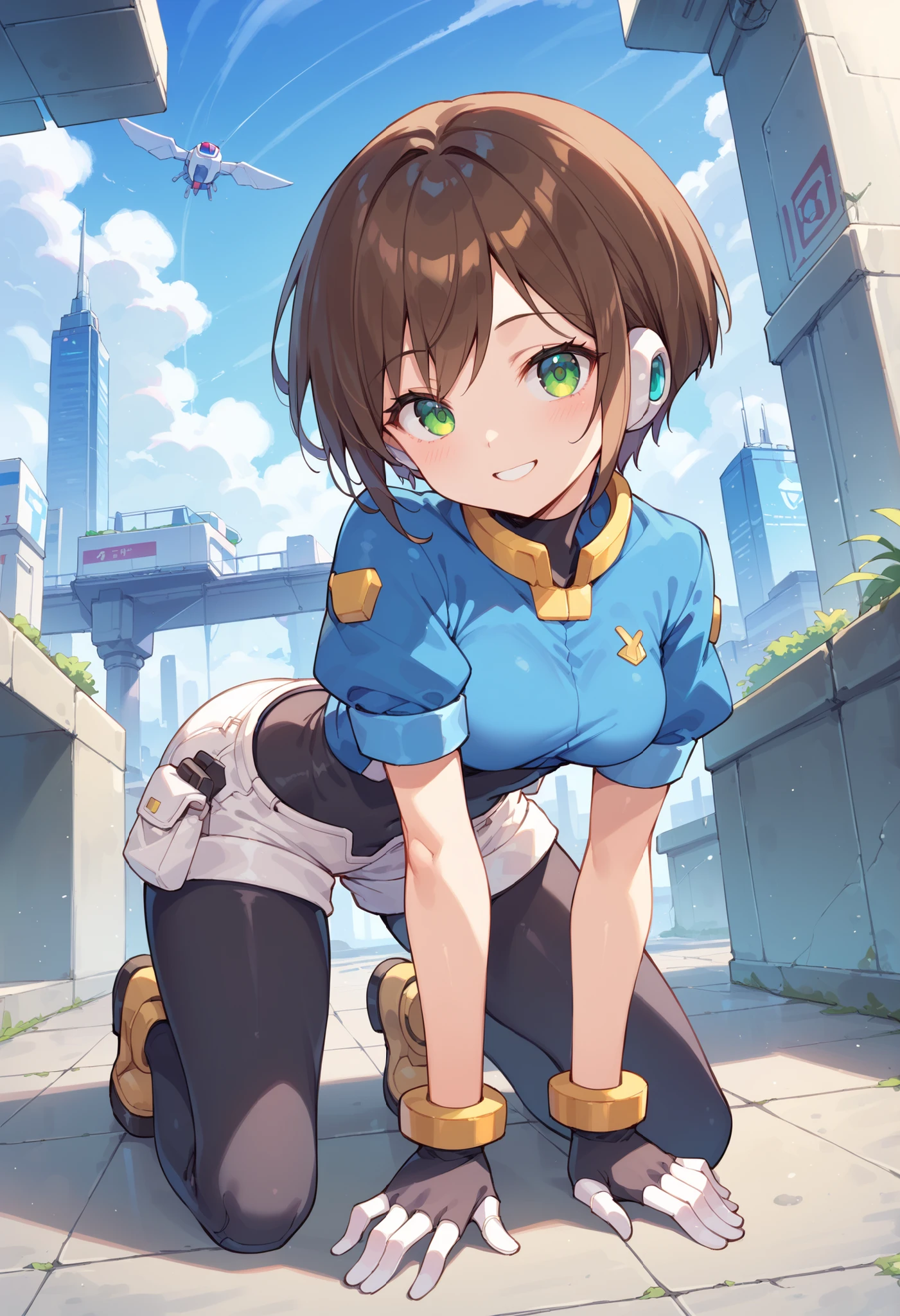masterpiece, best quality, integrated scenery, integrated background, extremely delicate and beautiful, meticulous details, good composition, , cute face, perfect face, perfect hands, aile (\megamanzx\), ,BLAKE, 1teen_young_girl, solo, short hair, brown hair, short_sleeves_blue_shirts,bodysuit, robot ears, green eyes, short_shorts, short sleeves, short over long sleeves, smile, in futuristic city, high quality, medium_breasts,crotch, slouch,raise_arm,kneeling,