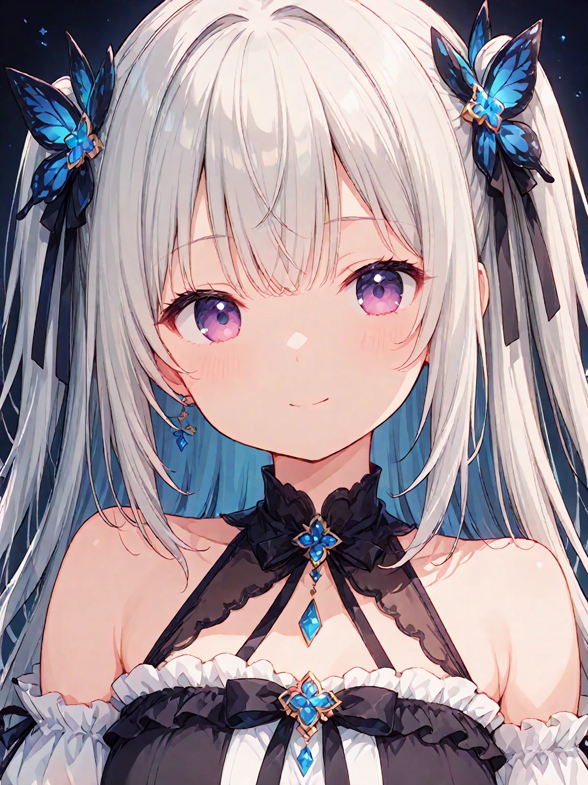 (masterpiece, top quality, very aesthetic, 4k、illustration), intricate detail, 1woman,solo,contrapposto 、(tareme)、Strong glowing eyes、blunt bangs,Fair skin,(upper body)、Open mouth happy smile 、twintails、(Blue lipstick),beautiful face、Blushing,(gradient hair)、multicolored hair,middle hair,sidelock ,blue eyes、gothic lolita dress、medium breasts、slender 、