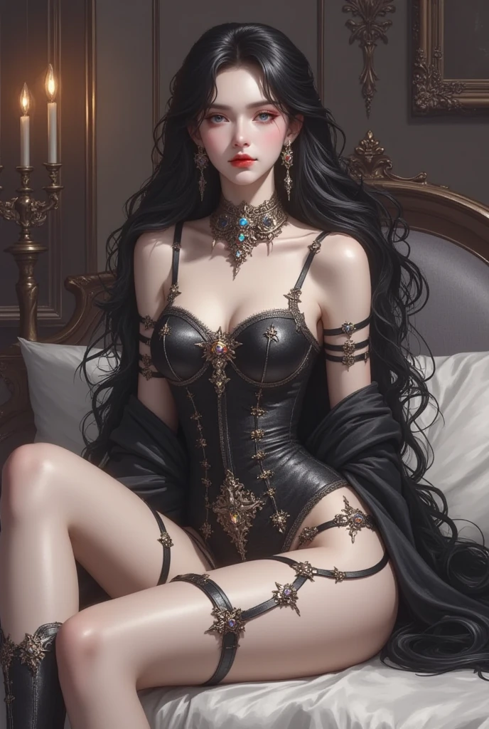 ((Sensually reclining on magnificent throne))((sexy rainha do inferno)) ((rosto bonito)) ((evil smile)) ((batom vermelho brilhante)) ((very dark shadows make up)) ((olhos detalhados))((Grandes olhos azuis brilhantes)) ((very long and messy hair, ruivo claro, rabo de cavalo alto)) ((sensual lips)) ((peito enorme:1.5)) ((quadris largos:1.4)) ((corpo esguio perfeito:1.4)) (((usa um espartilho preto de fantasia sombria com ornamentos dourados brilhantes e uma pequena tanga preta))) (((coroa de ouro brilhante, chifres de cabra))) ((gold jewelry, Gargantilha, brincos de ouro, Botas de salto alto longo)) ((queen posing sensually in the dark castle of hell at midnight))((light from the evil magical aura around you))((high resolution:1.4)), (dynamic shadows)((Fotorrealista:1.5)) ((Obra de arte:1.5)) (8K:1.3) (rosto perfeito) ((melhor qualidade:1.4)) (perfect hands and eyes)((()))