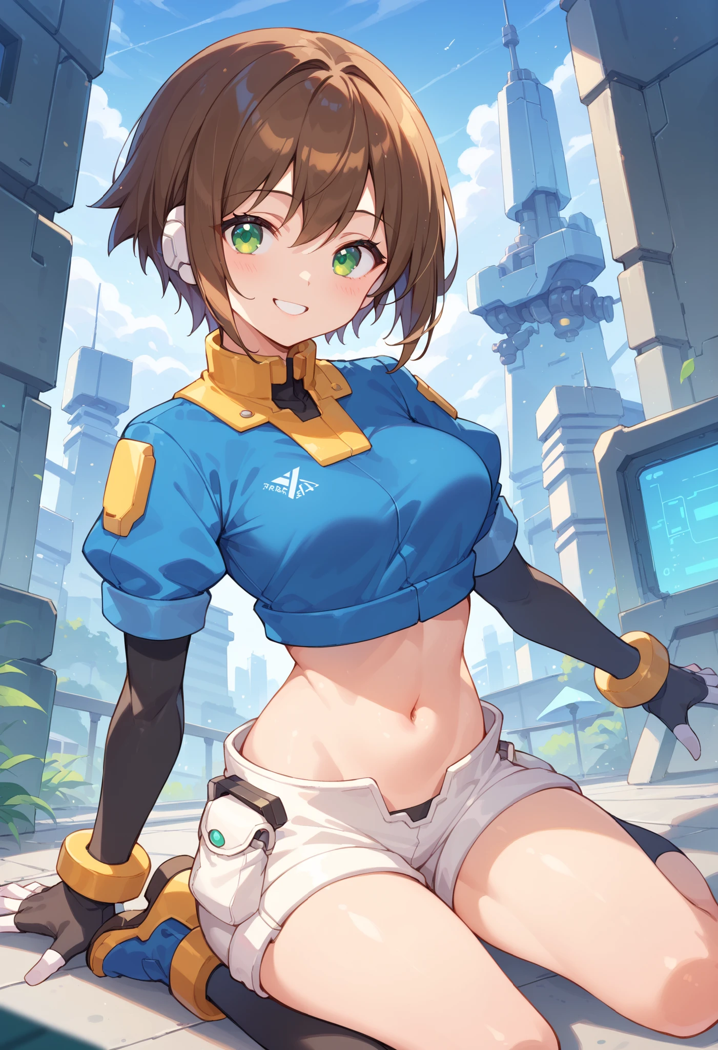 masterpiece, best quality, integrated scenery, integrated background, extremely delicate and beautiful, meticulous details, good composition, , cute face, perfect face, perfect hands, aile (\megamanzx\), ,BLAKE, 1teen_young_girl, solo, short hair, brown hair, short_sleeves_blue_shirts,bodysuit, robot ears, green eyes, short_shorts, short sleeves, short over long sleeves, smile, in futuristic city, high quality, medium_breasts,crotch,,raising_arm,kneeling,midriff