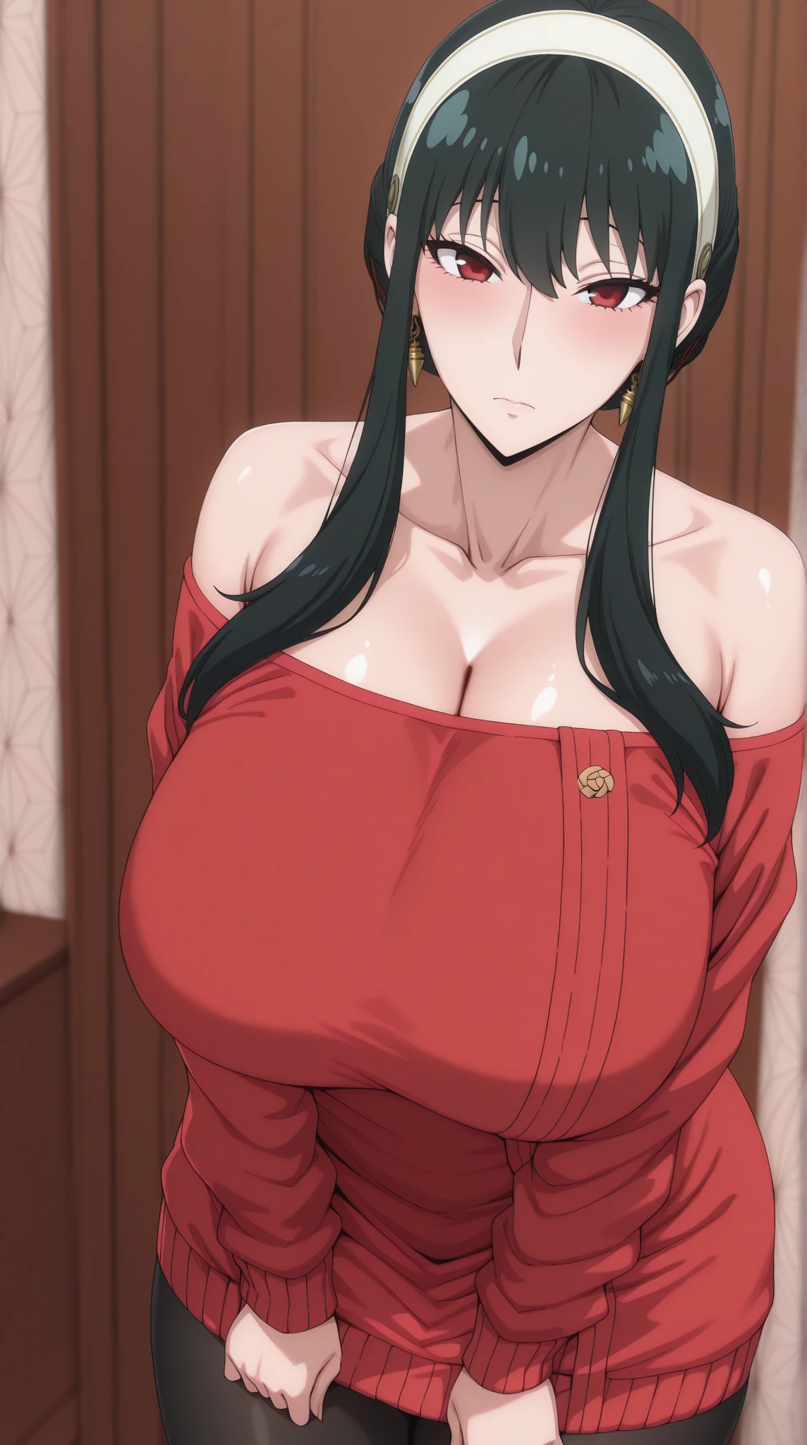 View your viewers,alone,
Yoforger,One girl,
Black Hair,Long hair short hair,
White hair band,
Off the shoulder,Red sweater,
Black Pantyhose,
boots,Torn clothes、NSFW、Big Boobs、Nipples、
city,Natural light,indoor,(Tucked up、 fully exposed、belly button、Nipples)、sad、blush、