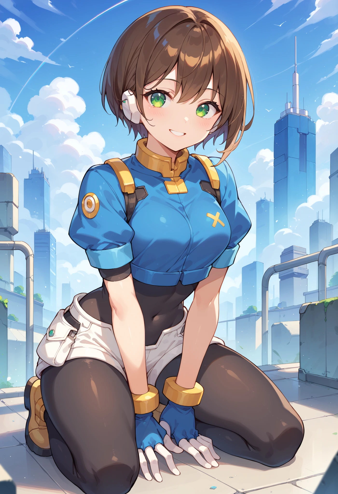 masterpiece, best quality, integrated scenery, integrated background, extremely delicate and beautiful, meticulous details, good composition, , cute face, perfect face, perfect hands, aile (\megamanzx\), ,BLAKE, 1teen_young_girl, solo, short hair, brown hair, short_sleeves_blue_shirts,bodysuit, robot ears, green eyes, short_shorts, short sleeves, short over long sleeves, smile, in futuristic city, high quality, medium_breasts,crotch,,raising_arm,kneeling,midriff