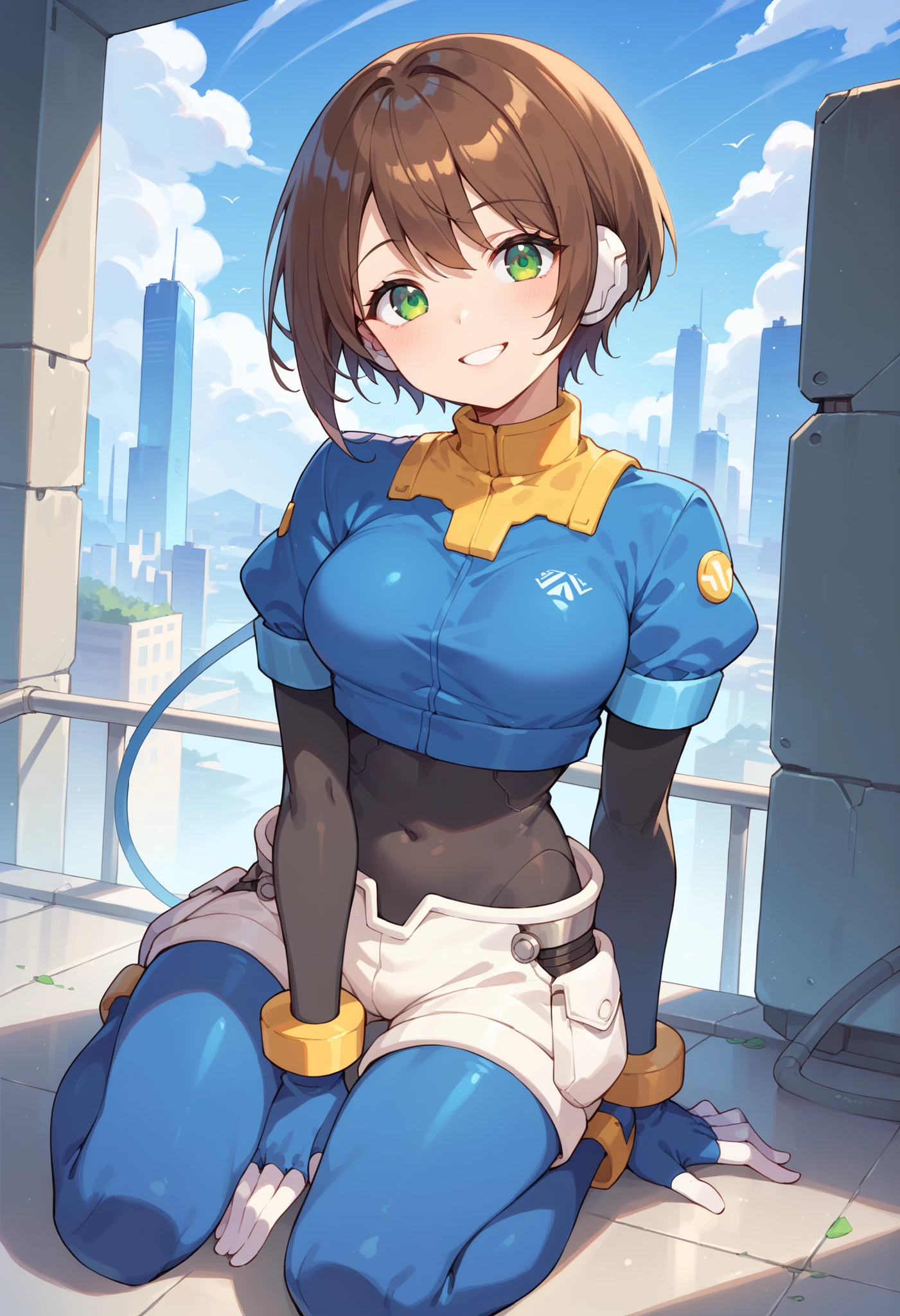 masterpiece, best quality, integrated scenery, integrated background, extremely delicate and beautiful, meticulous details, good composition, , cute face, perfect face, perfect hands, aile (\megamanzx\), ,BLAKE, 1teen_young_girl, solo, short hair, brown hair, short_sleeves_blue_shirts,bodysuit, robot ears, green eyes, short_shorts, short sleeves, short over long sleeves, smile, in futuristic city, high quality, medium_breasts,crotch,,raising_arm,kneeling,midriff