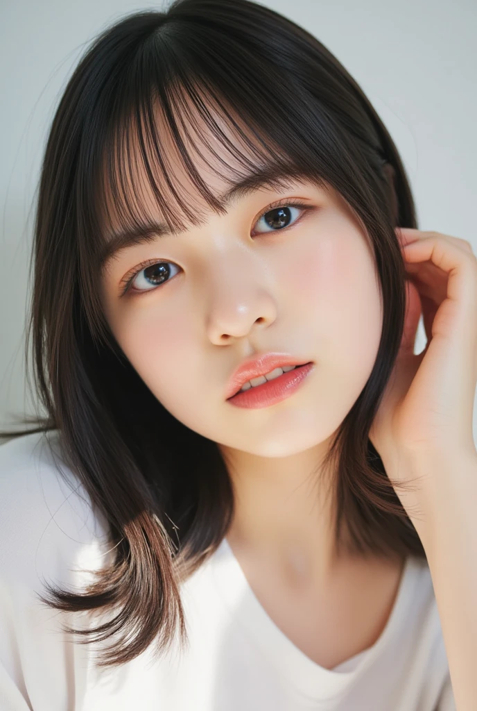 16K、Photorealistic、Highest quality、masterpiece、Ultra-high resolution、RAW Photos、Realistic、Bright lighting、Face Light、Smooth Professional Lighting、looking at the camera、alone、Adult female、Beautiful woman、so beautiful、Realistic skin texture、Glowing Skin、Moisturized Skin、Realistic eye and facial details、Perfect Style、Model Body Type、Beautiful Eyes、Big eyes、Inconspicuous tear bags、slim、Medium sized big breasty nails aren't long、Very short hair、Black Hair、black eye、seems to be happy、Beautiful hip line、(((ビジネスsuit)))、(((office)))、(((suit)))、White dress shirt、Black jacket、