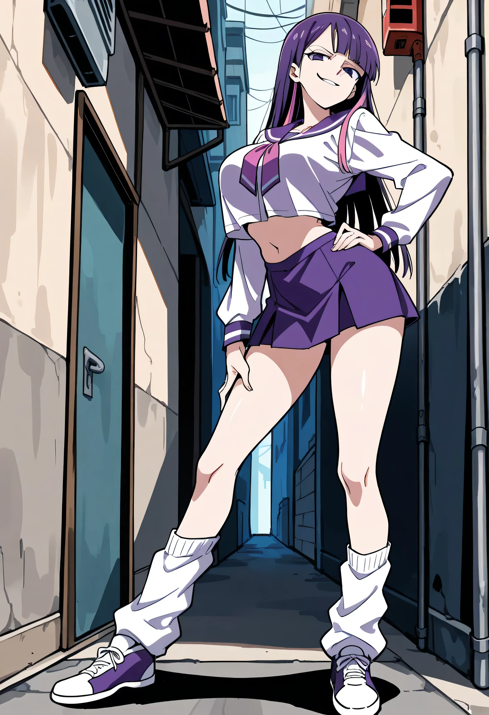 score_9, score_8_up, score_7_up, 1girl, mature, solo, smirk, long hair, bangs , straight hair, purple hair , pink highlights inner , purple eyes, violet sailor uniform, navel , short skirt, long legs , big breast , arched back , hand on hip , loose socks, casual stance , shoes , alley background ,
v3r1d1an,