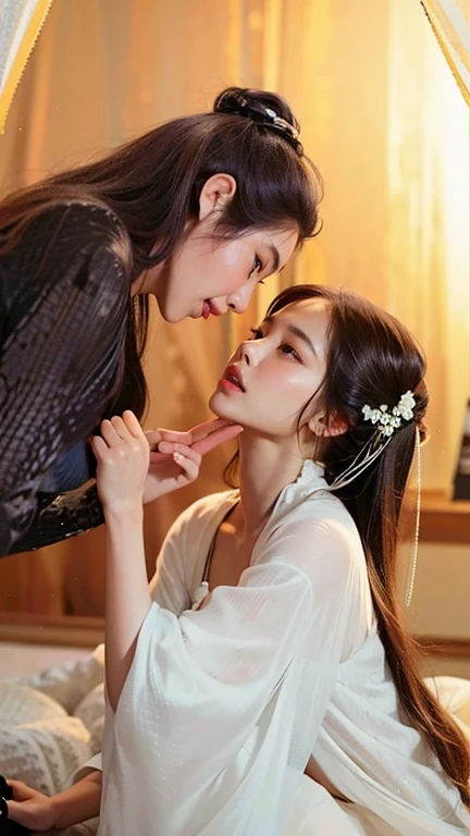 (((A side view that shows both of their bodies))),((masterpiece)),((Highest quality)),((8K)),((Ultra high definition)),((high resolution)),((detailed)),((Perfect body)),((Perfect Face)),(((Two Chinese beauties))),(((中国のprincess))),((Lesbian))、((huge breasts:1.3)),(((Two people lying down))),((Two people lay on top of each other and kiss)),princessの衣装、Very dense makeup、Jet Black Hair、Shiny Hair、Glowing Skin、Super Straight Hair、Long Hair、Bedroom、royal palace、Luxurious and gorgeous、Gorgeous hair ornament、gold、((Bedroomで横になっている))、Royal Family、Yang Guifei、princess、