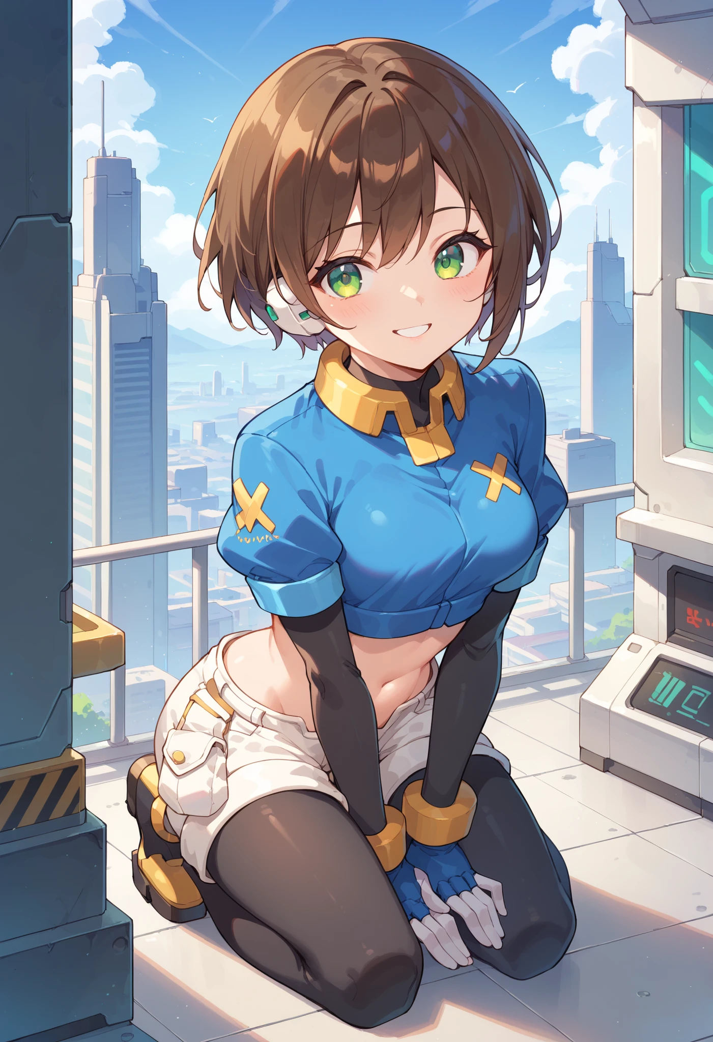 masterpiece, best quality, integrated scenery, integrated background, extremely delicate and beautiful, meticulous details, good composition, , cute face, perfect face, perfect hands, aile (\megamanzx\), ,BLAKE, 1teen_young_girl, solo, bob_hair, brown hair, short_sleeves_blue_shirts,bodysuit, robot ears, green eyes, short_shorts, short sleeves, short over long sleeves, smile, in futuristic city, high quality, medium_breasts,crotch,,raising_arm,kneeling,bodysuit_midriff